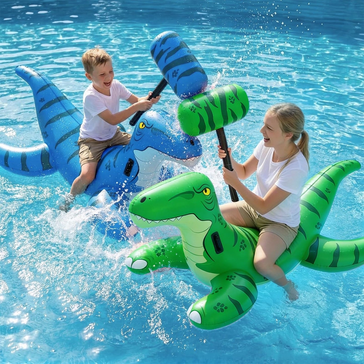 Jasonwell Pool Games Toys Floats -2Pack Inflatable Dinosaur Pool Floats with Blow Up Toy Hammers Ride on Pool Floaties for Kids Teens Adults Lounge Raft Summer Lake Beach Party Decorations (GN&BU XL)