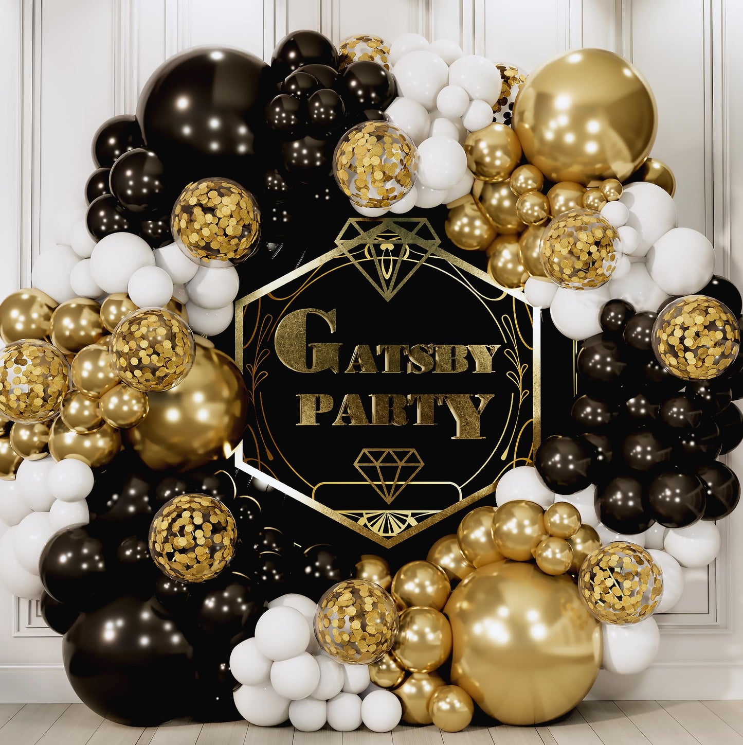 ALL-IN-1 Black White Gold Balloons Garland Kit & Arch – Small and Large Black White and Gold Balloons with Confetti – Black and Gold Party Decorations for Graduations, New Years, Birthday