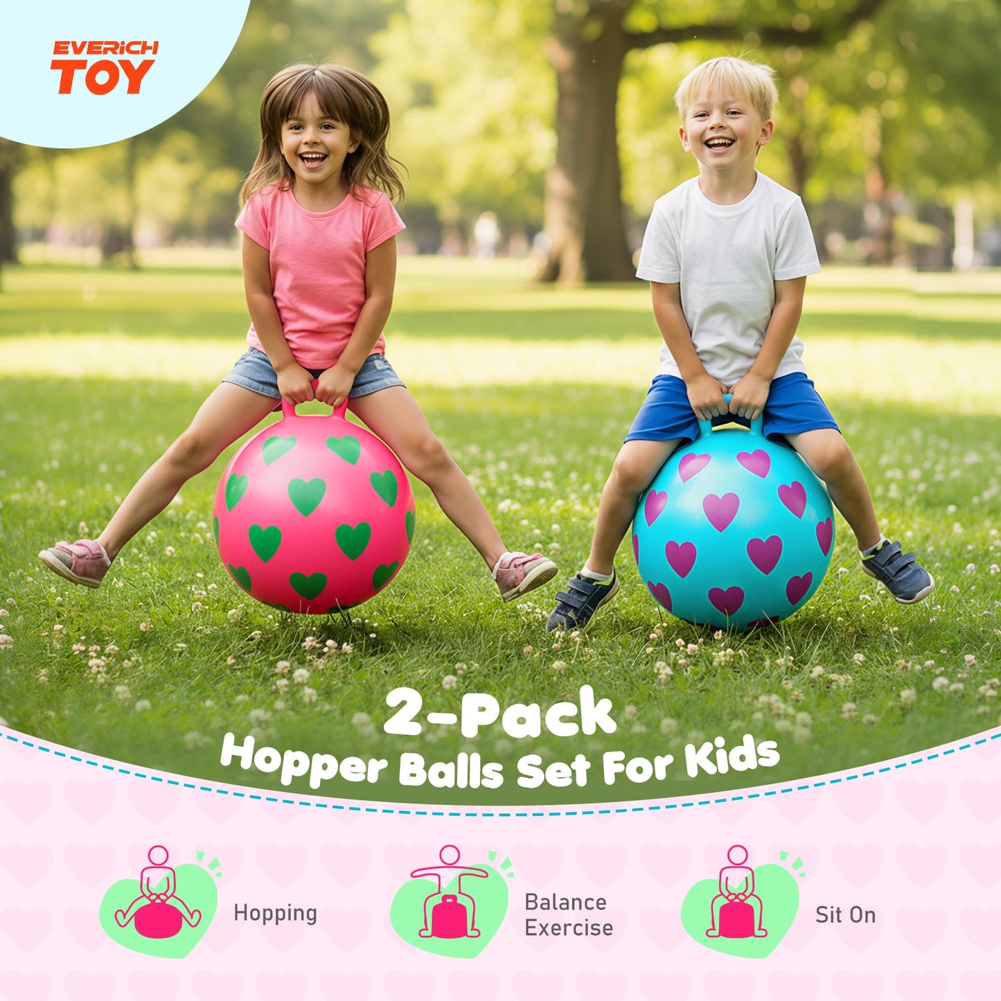 EVERICH TOY 2-Pack Hopper Ball for Kids, 15In Bouncy Ball with Handle, Full Heart Girls Toys for Indoor Outdoor Active Play, Great Balance Hopping Toys Gifts for 3 4 5 6 Yr Old Girls Boys