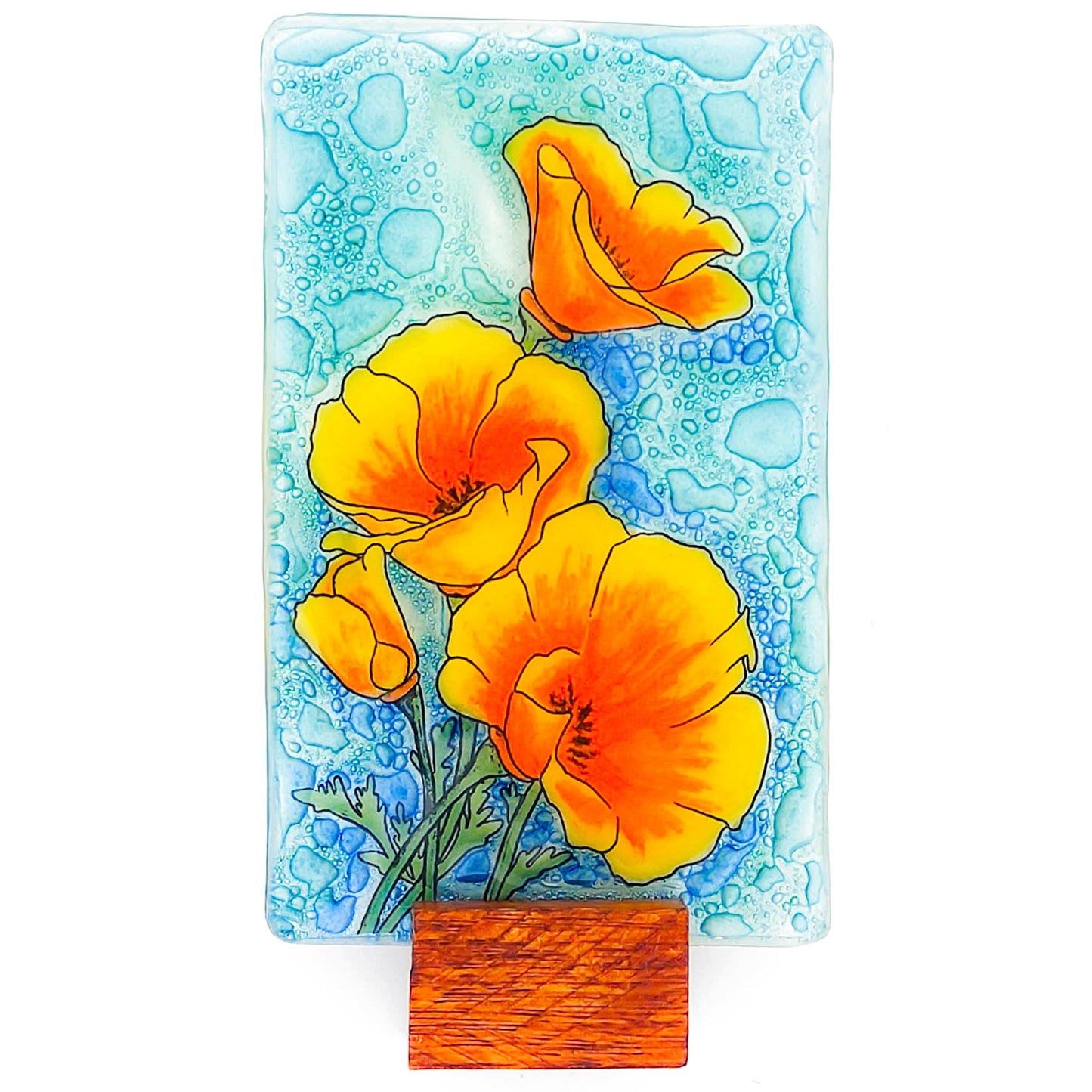 Bolla Glass Art - California Poppy Ornament Desk - Handmade Fused Glass Art, 4.35-Inch Tabletop Decoration, Unique Handmade Gift, Scratch-Resistant & Fade-Resistant, Eco-Friendly with Wooden Stand
