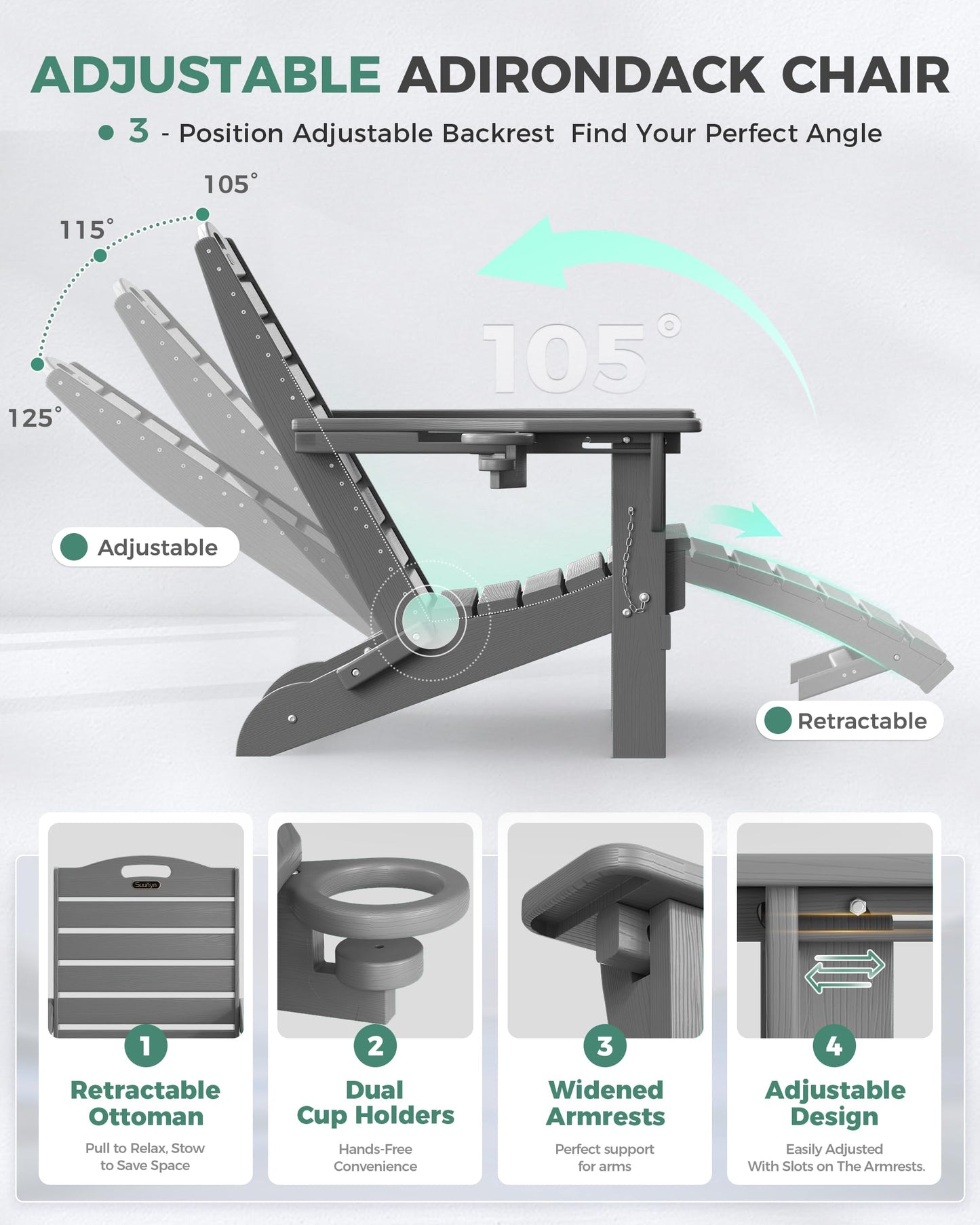 SUUNYN Folding Adirondack Chair with Retractable Ottoman, Weather Resistant Fire Pit Chair Patio Chair with 2 Cup Holder Lawn Outdoor Lounge Chair (Grey)