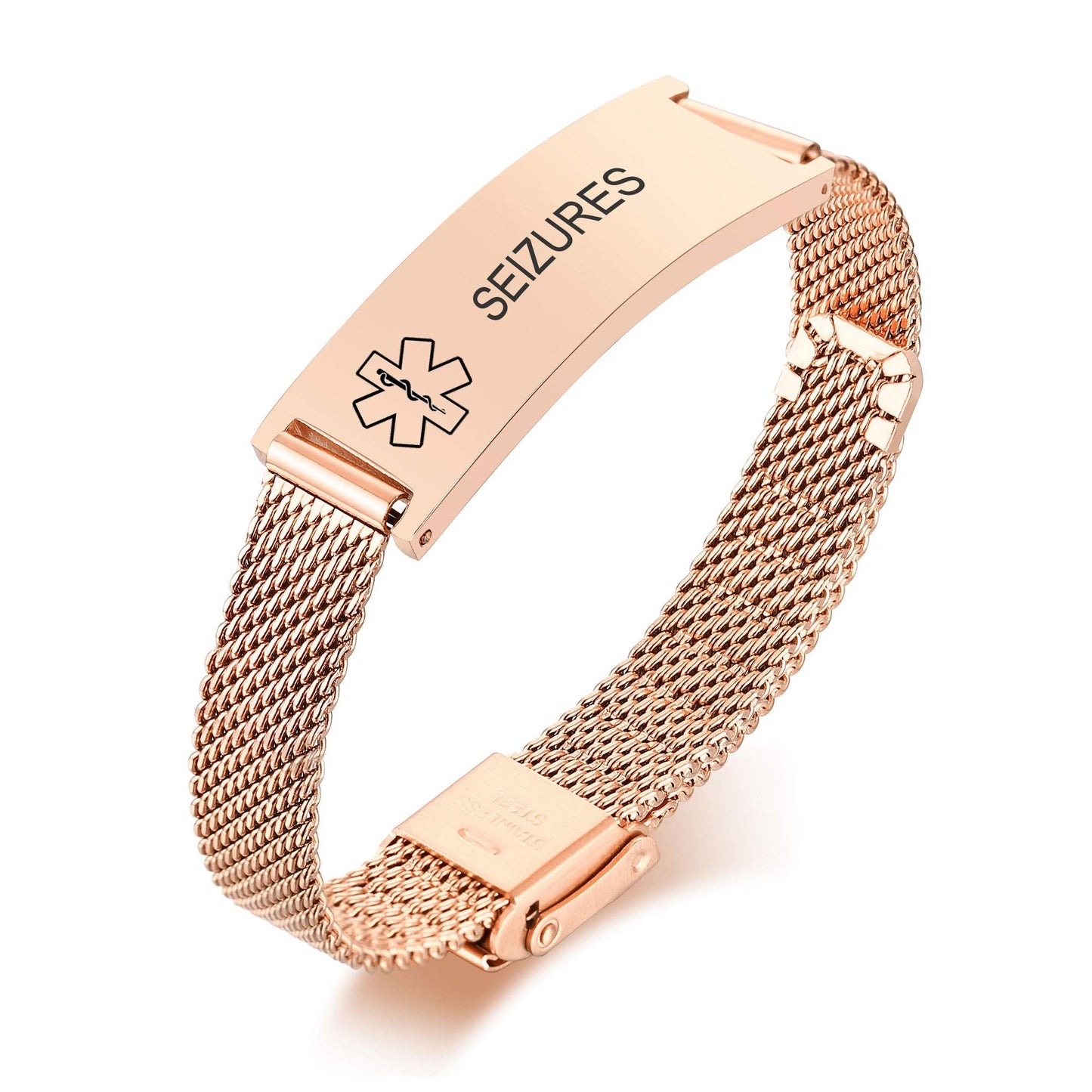 VNOX SEIZURES Medical Alert Bracelets for Men & Women with Adjustable Stainless Steel Mesh Emergency Medical ID Bracelets Wristband,Rose Gold Plated