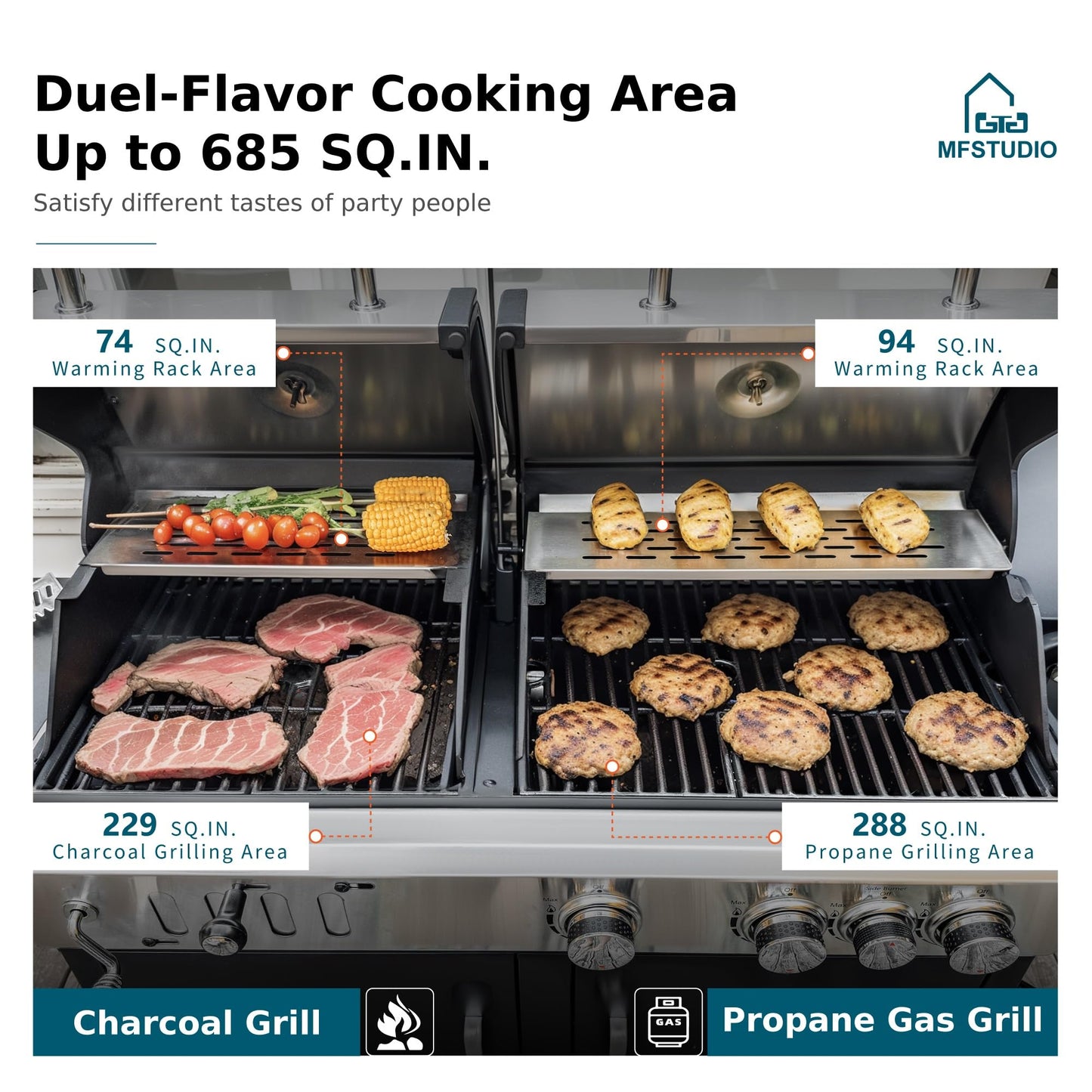MFSTUDIO 3 In 1 Gas and Charcoal Grill Combo with Side Burner, Porcelain-Enameled Cast Iron Grate, Extra Large Dual-Function BBQ Propane Grills for Outdoor Barbecue Cooking, 690 SQIN Cooking Area