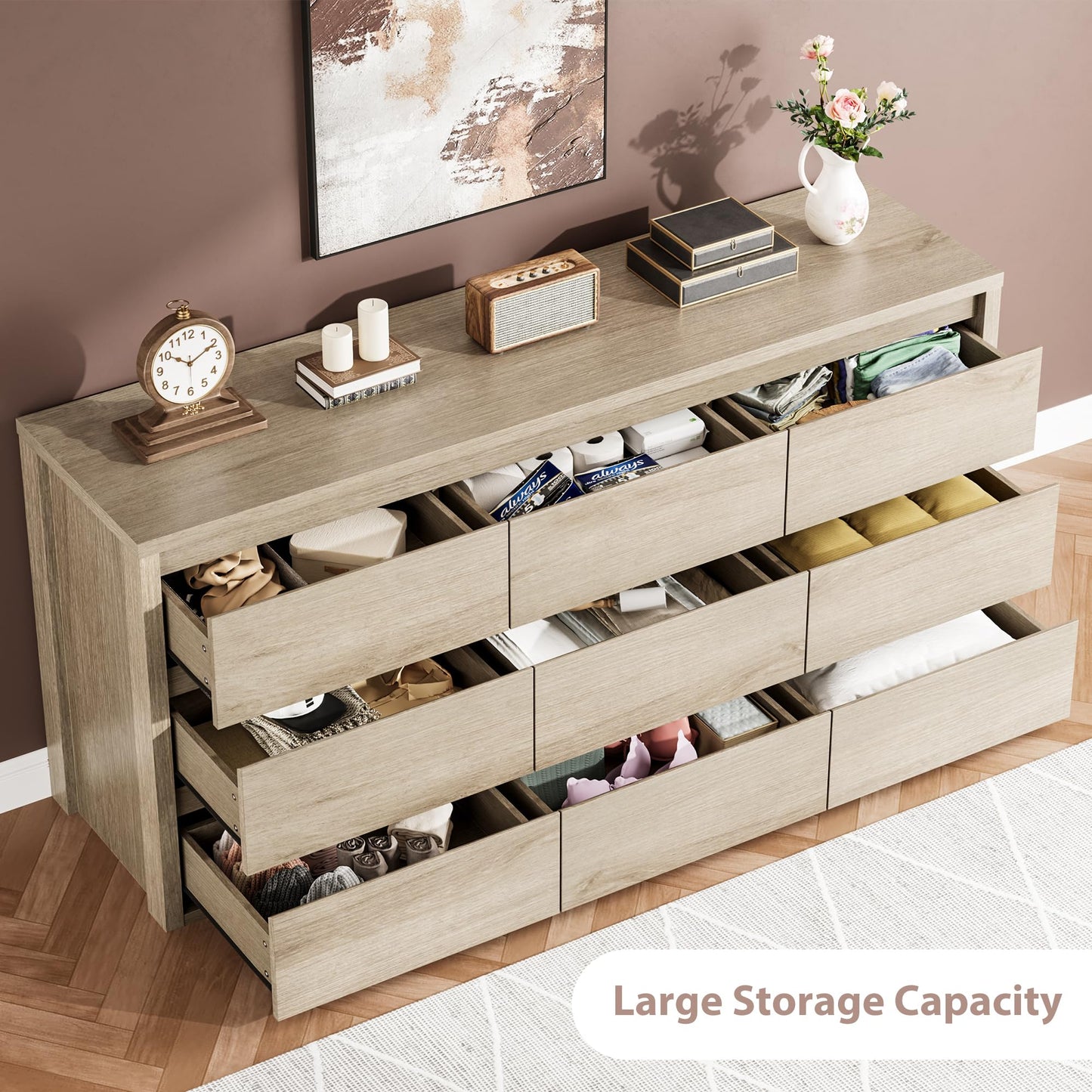GarveeHome 9 Drawer Dresser for Bedroom, Wide Modern Chest of Drawers, Large Wood Dresser Wooden Storage Organizer for Living Room, Hallway Entryway