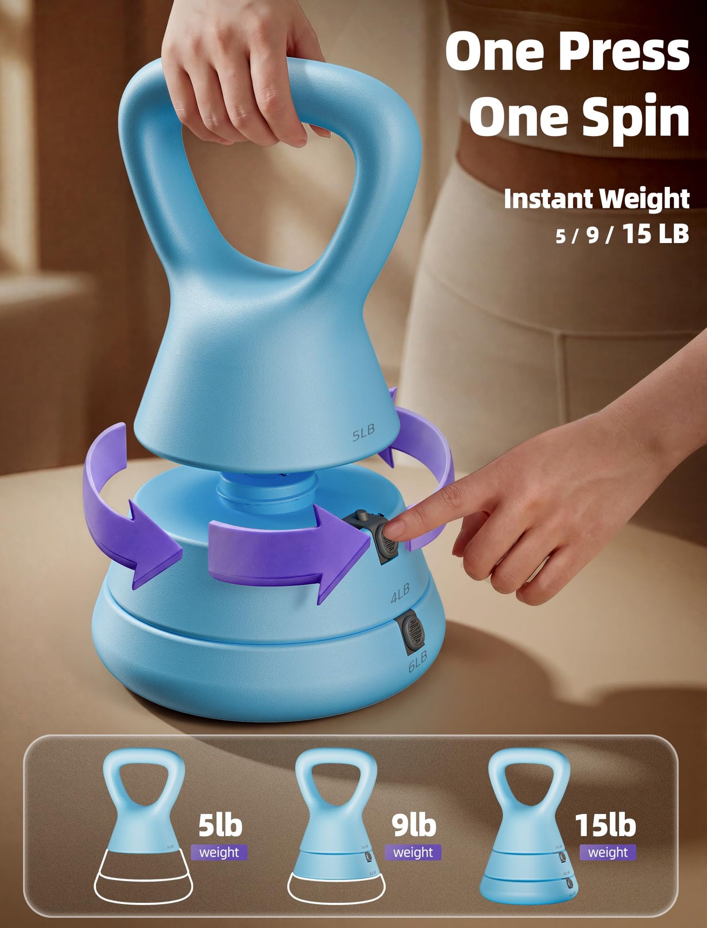 EAST MOUNT 15LB Adjustable Kettlebell Set – 3-in-1 (5/9/15 LB), Compact Adjustable Weights, Wide Triangle Handle and Wrist-Friendly Design for Home Gym, Full-Body Workouts and Strength Training, Blue