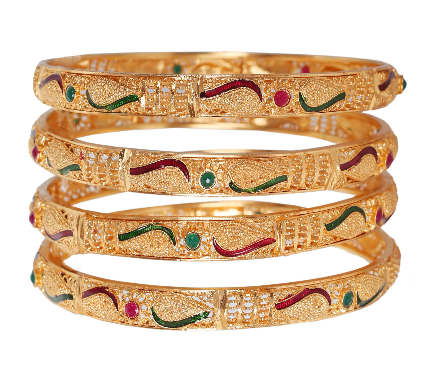Touchstone "Golden Bangle Collection Indian Bollywood Desire Beautifully Carved Conch Shell Inspired Faux Ruby Emerald Thick Designer Jewelry Bangle Bracelets. Set of 4. in Gold Tone for Women.