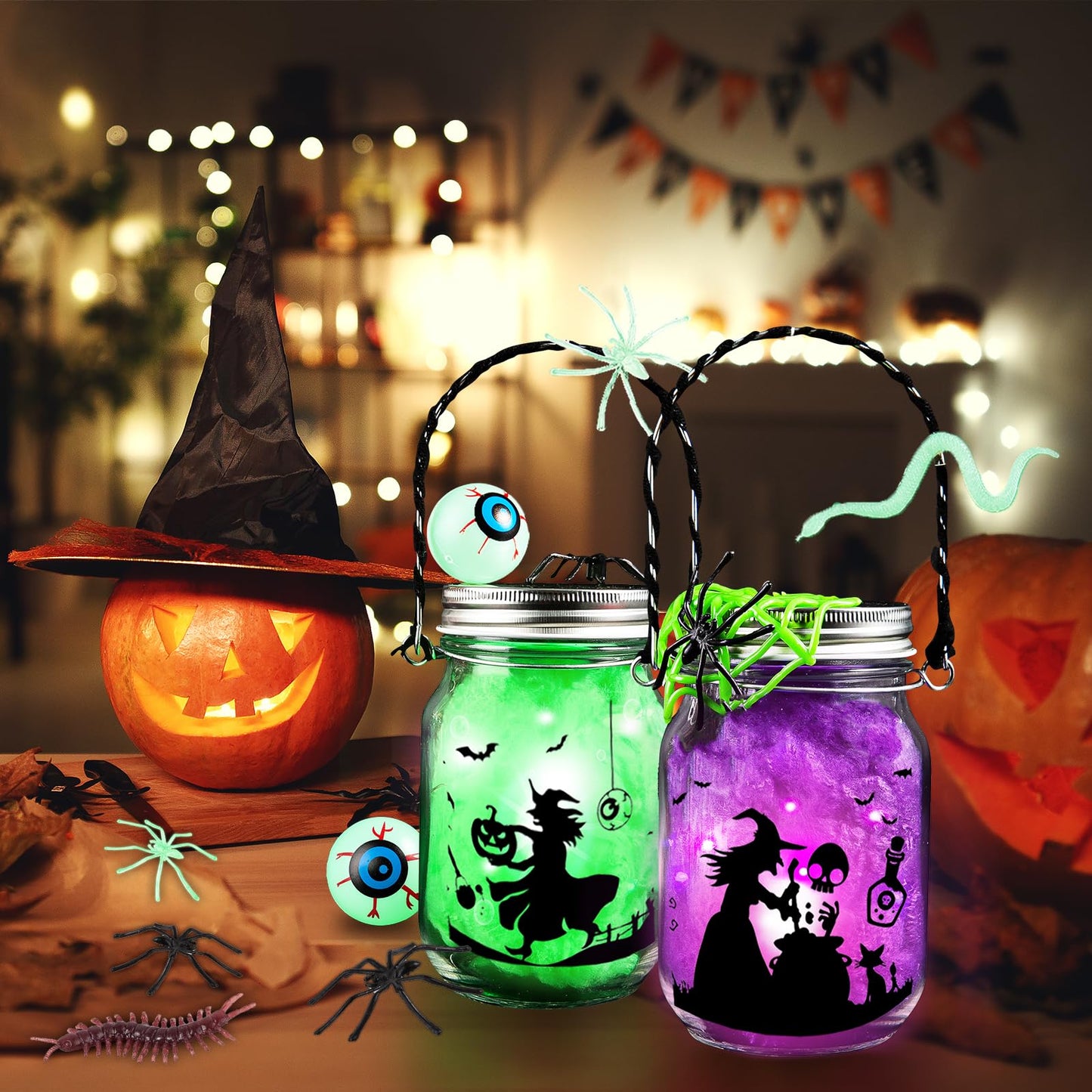 Halloween Craft for Kids,4PCS Halloween Mason Jar Kit with Accessories for Kids DIY,Halloween-Theme Art Activities Supplies Gifts for Kids Aged 4-12,Party Decoration Classroom Trick or Treat