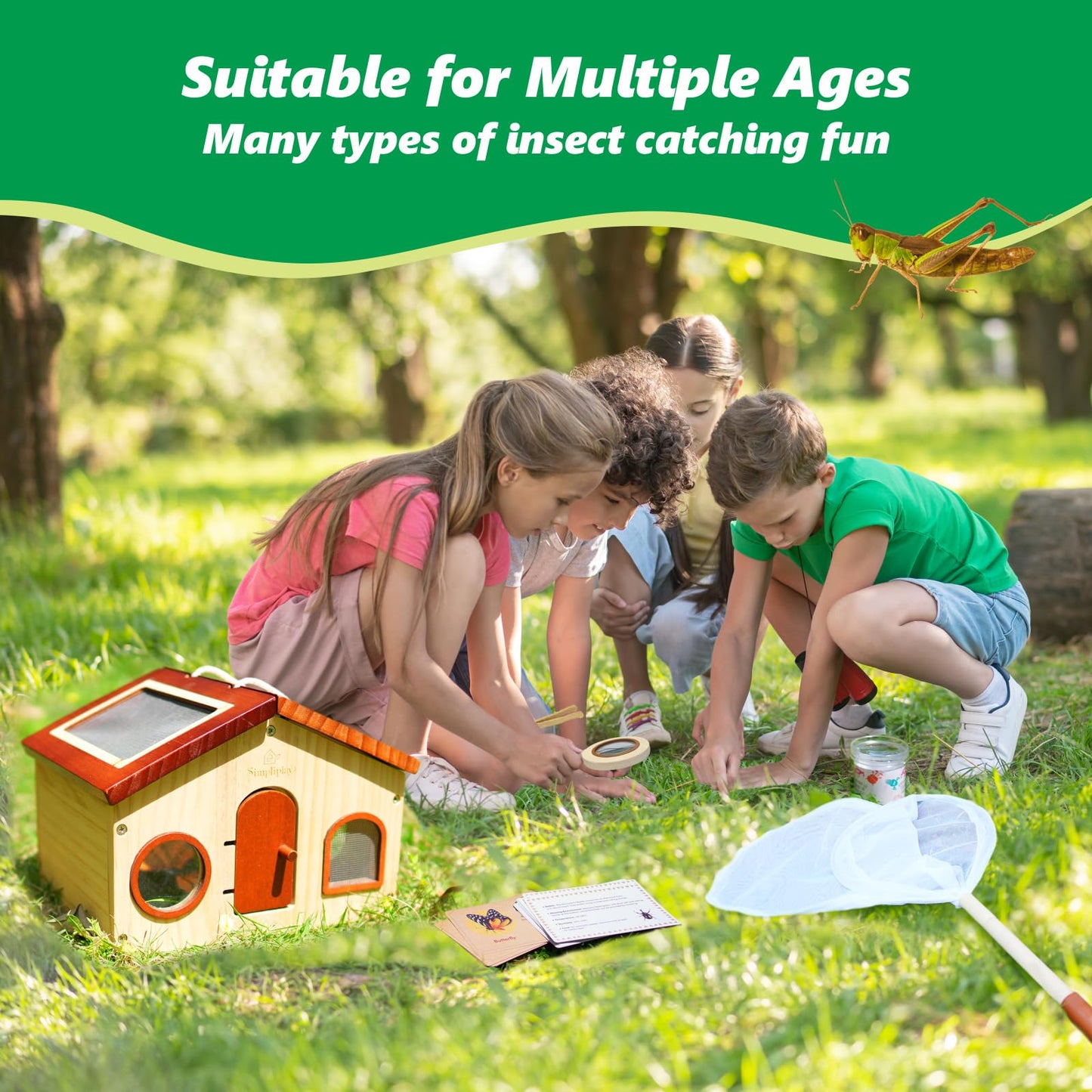 SimpliPlay Kids Explorer Kit & Bug Catcher for Kids, Outdoor Toys with Large Portable Wooden Bug Habitat, Butterfly Net, Magnifier, Observation Cup, 15 Insect Cards for Toddler 3-8 Year Old Boy Gift
