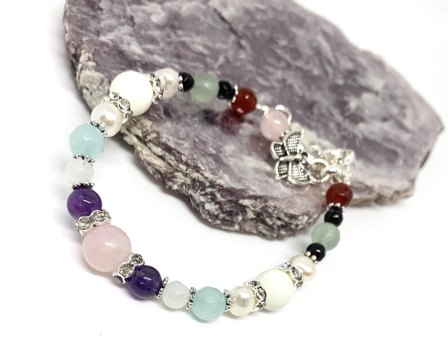 NONA Fertility & Pregnancy Support Bracelet – Genuine Gemstones (Rose Quartz, Amethyst, Moonstone, Black Onyx, Amazonite, Chrysoprase) – Crystal Healing Jewelry for Women