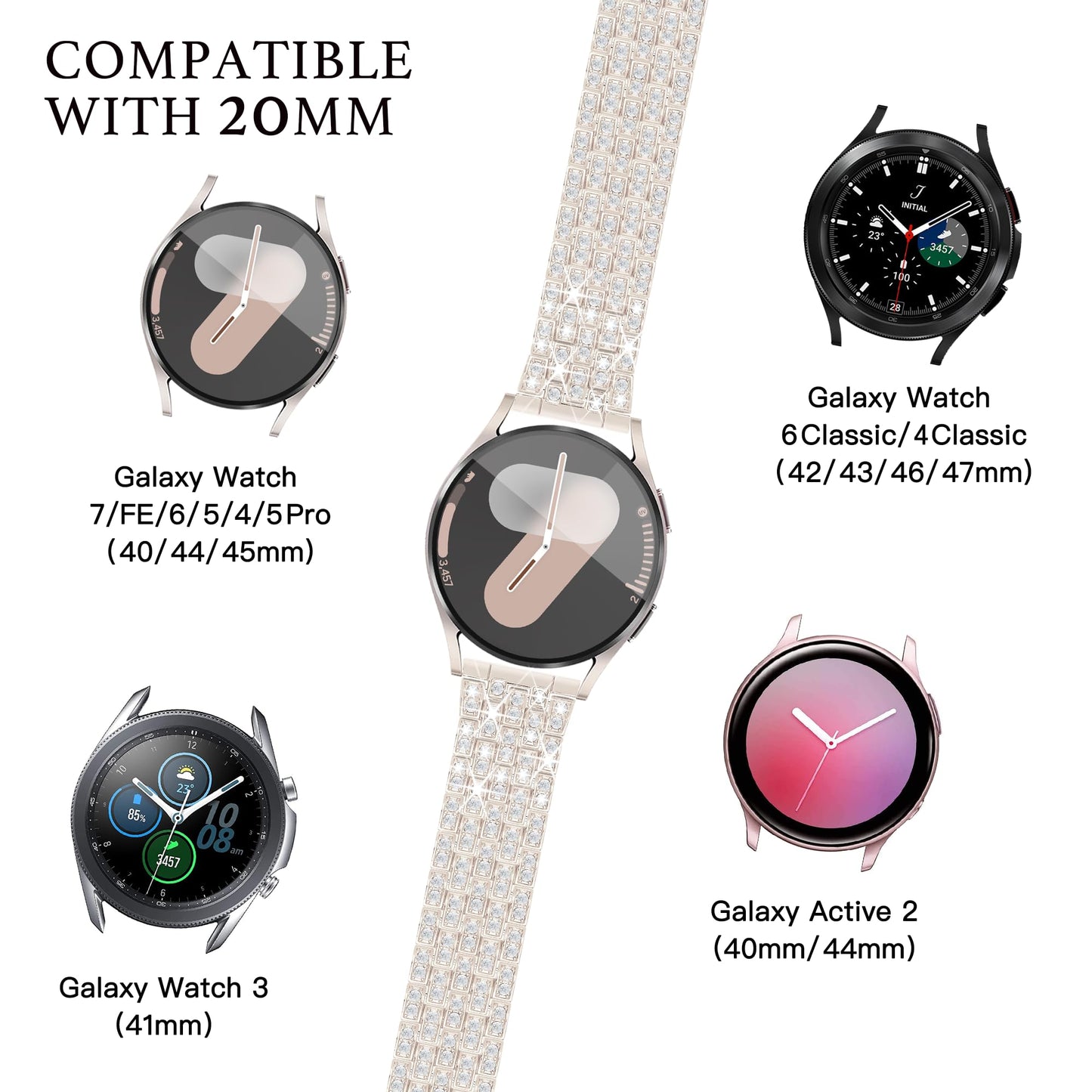 G-ficu Galaxy Watch 7 6 5 4 FE Band 20mm Diamond Bands for Samsung Galaxy Watch 7 6 5 4 FE Band 40mm 44mm, Women Bling Metal Strap for Samsung Watch Bands/4 6 Classic/3 41mm/Active 2-Cream