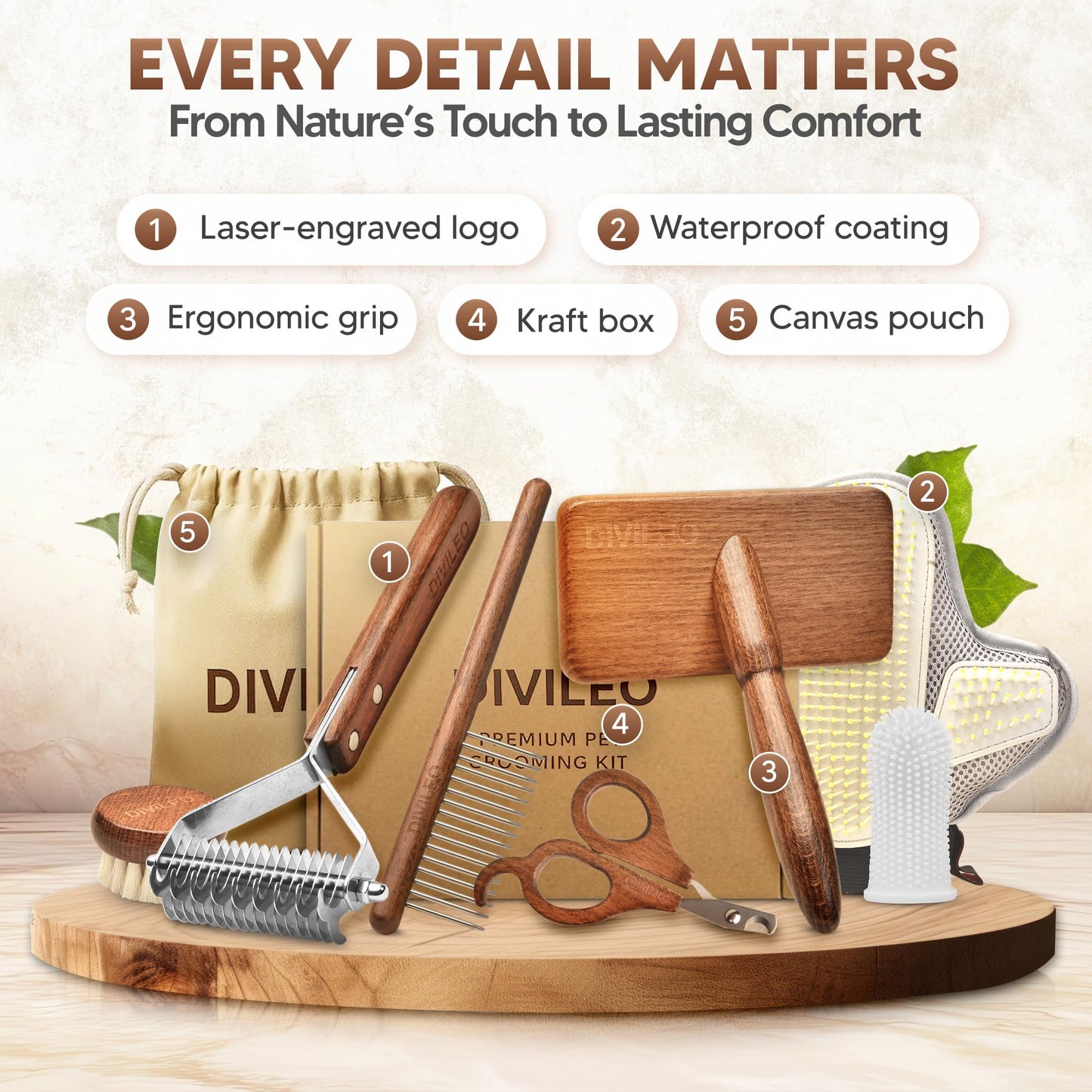DIVILEO Premium Waterproof Pet Grooming Kit for Dogs & Cats – Wooden Handle Slicker Brush, Deshedding Comb & Nail Clipper – Professional Dog Grooming Supplies Set with Canvas Pouch | USA Brand