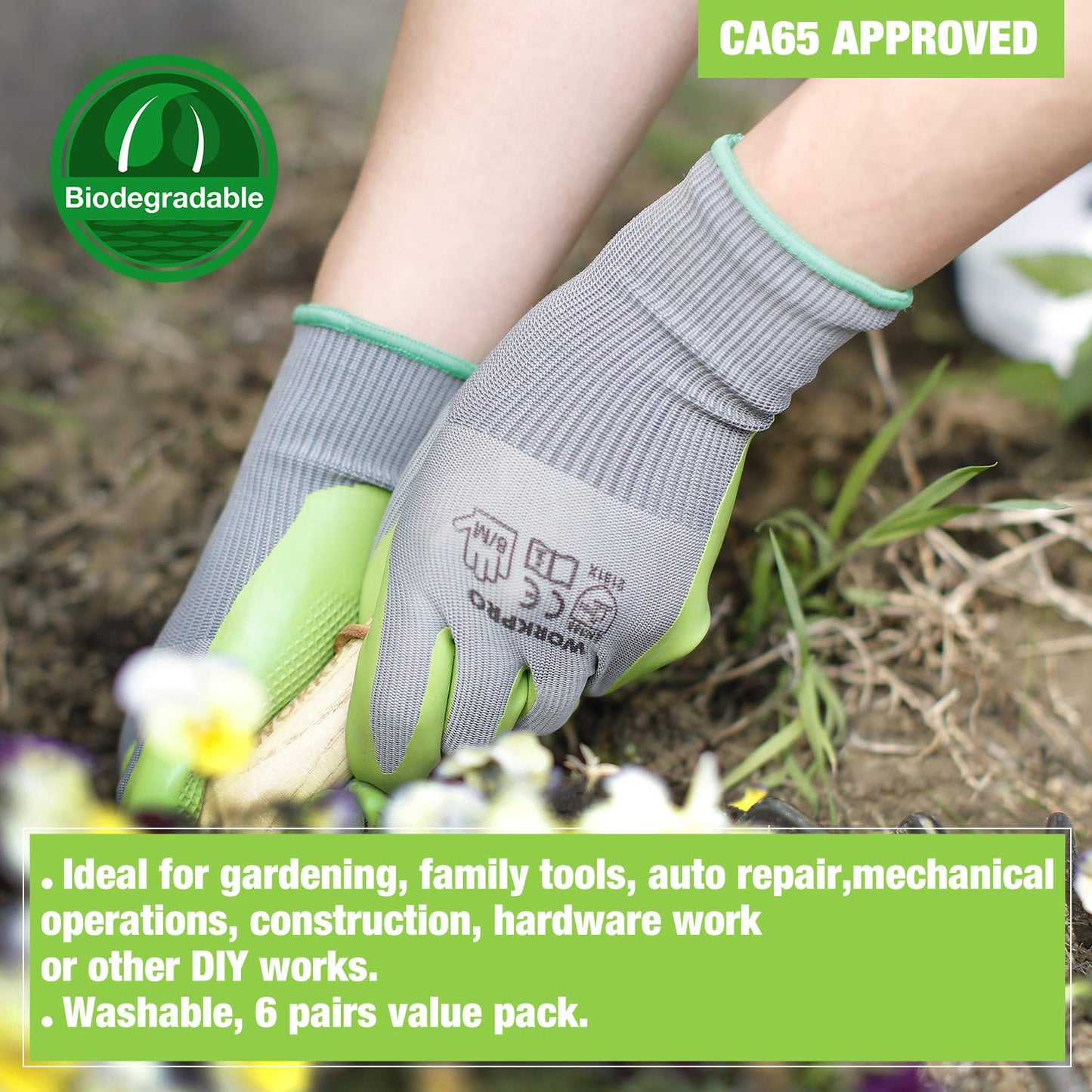WORKPRO 6 Pairs Garden Gloves, Work Glove with Eco Latex Palm Coated, Gardening Gloves, Working Gloves for Weeding, Digging, Raking, and Pruning (Medium)