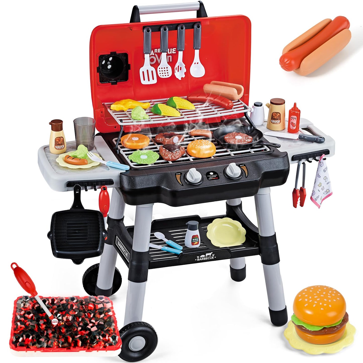 Kids Play Kitchen Toys, Kids BBQ Grill Playset with Smoke Sound Light, 2-Layer Barbecue Toy with Wheel, Outdoor Play Grill Toys for Toddlers 3-5, Play Food Toys Cooking Set, Birthday Gift for Boy Girl