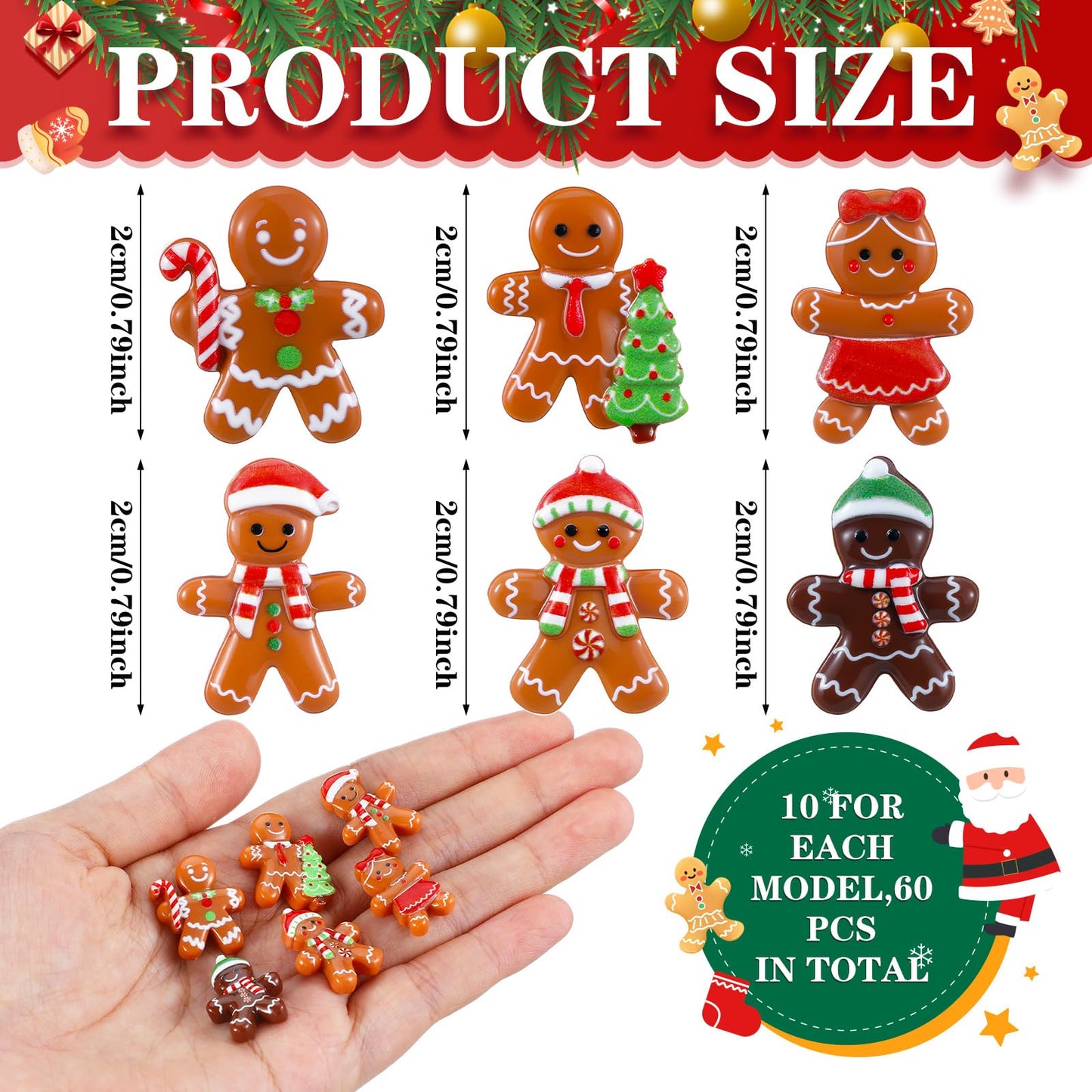 Realspring 60 Pcs Christmas Gingerbread Man Ornament for Crafts Mini Resin Doll Charms Figurines for Xmas DIY Craft Embellishment Hairpin Flatback Embellishment Home Kitchen Party Decor