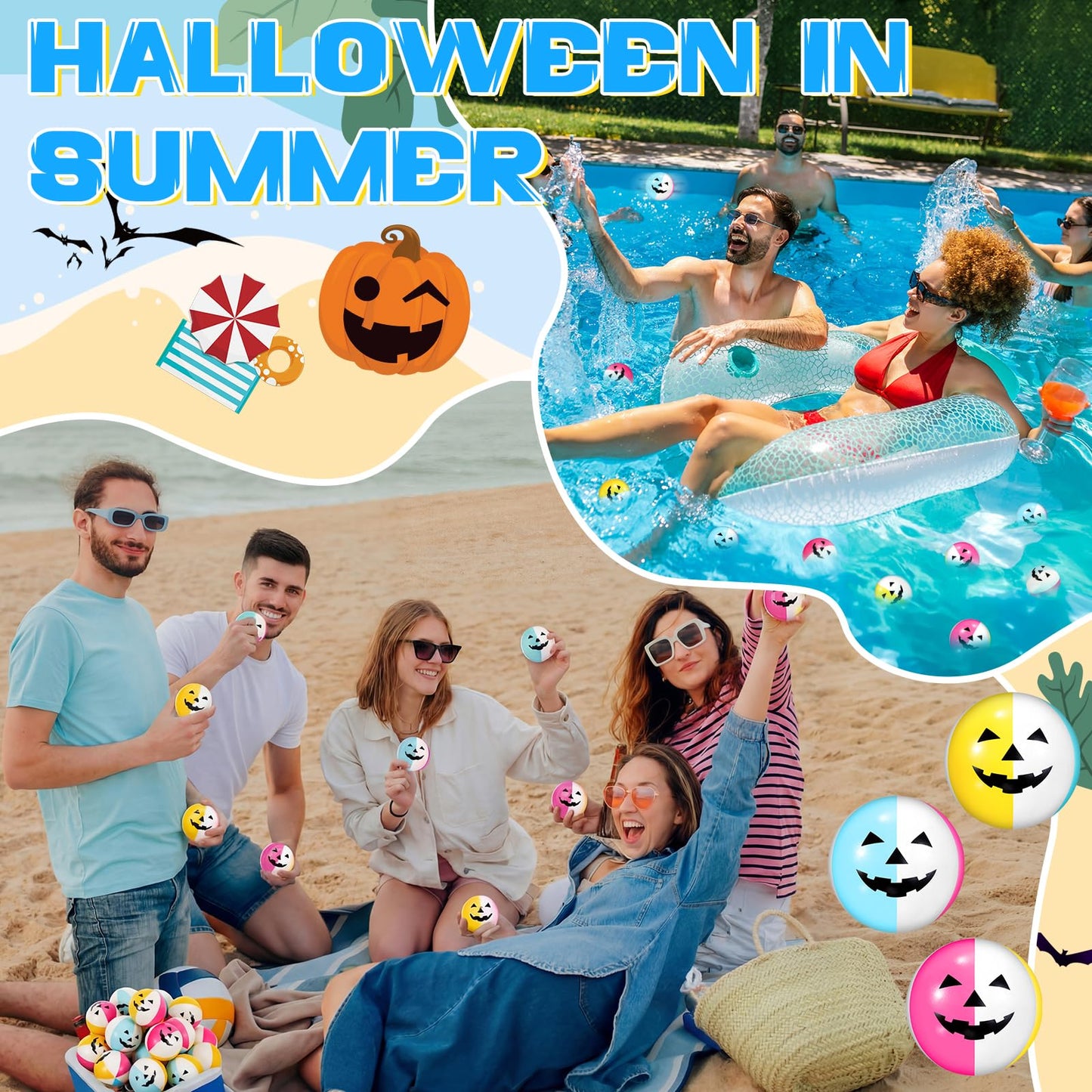 Roowest 24 Pcs Summer Halloween Stress Balls 2.5 Inch Mini Beach Stress Ball for Summer Halloween Party Favor Carnival Reward Beach Games