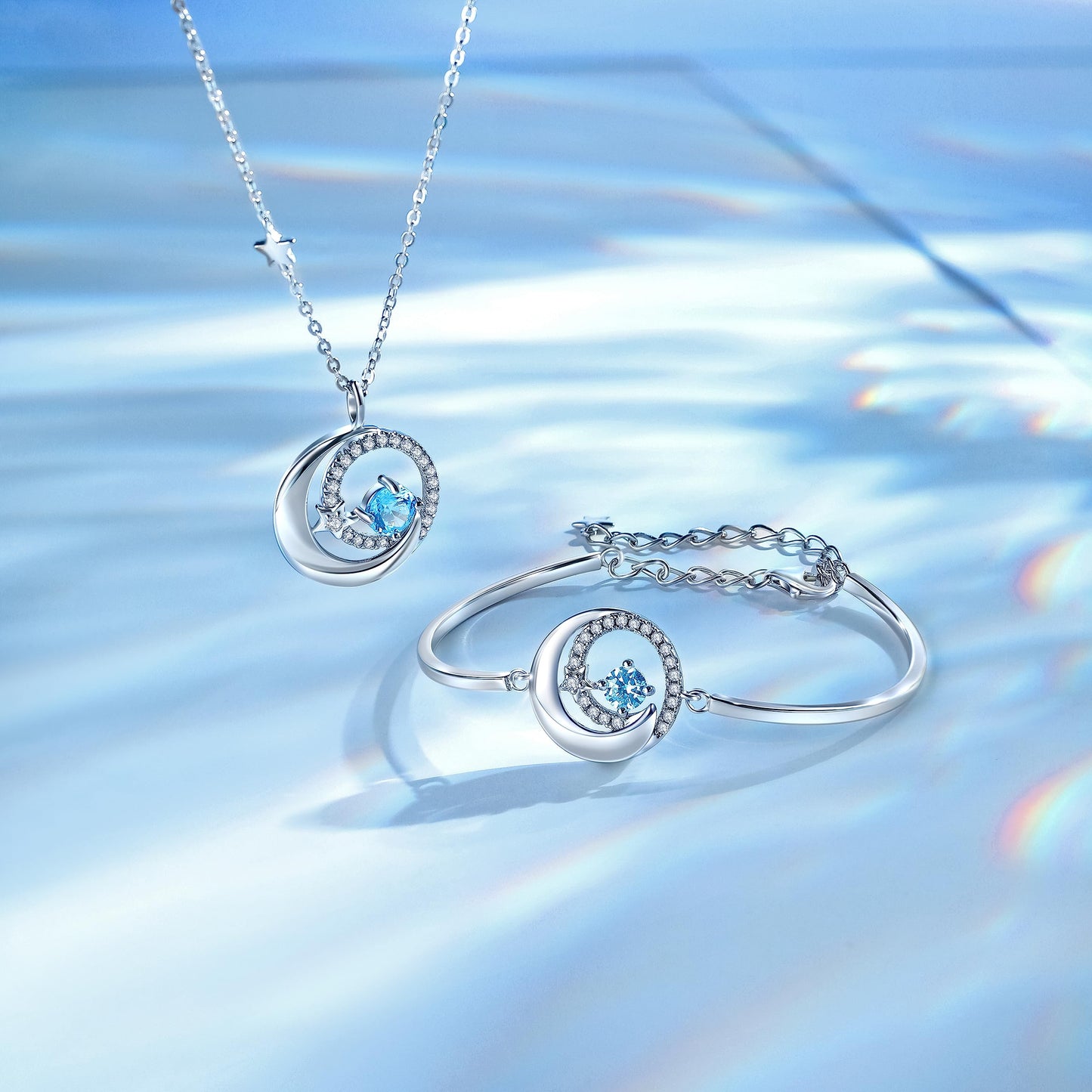 FANCIME Aquamarine Necklace March Birthstone Moon Star Pendant 925 Sterling Silver Blue Fine Jewelry Birthday Anniversary Mothers Day Gifts for Women Mom Daughter, Adjustable Chain 16+2"