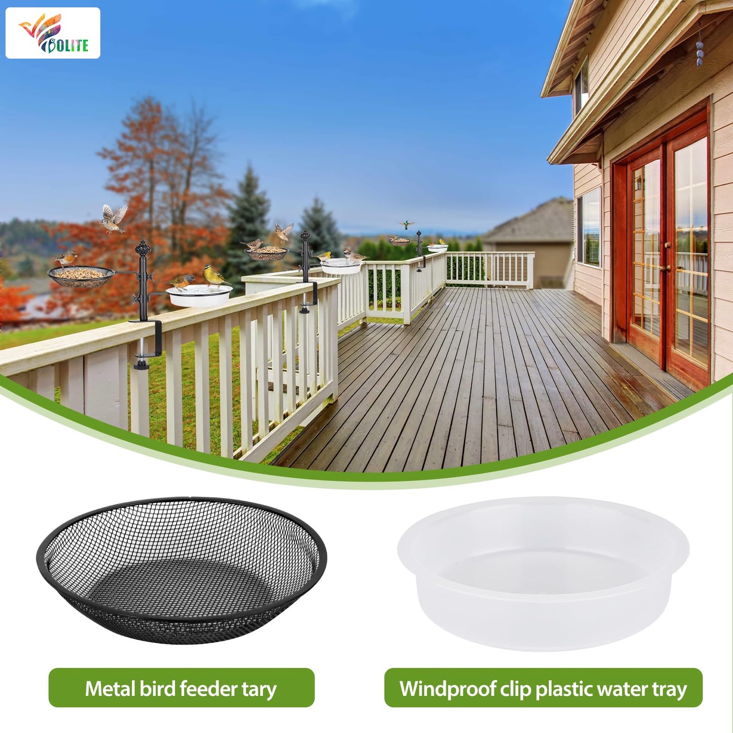 Deck Bird Feeders with Metal Tray and Water Bowl, BOLITE Balcony Bird Feeders Detachable Adjustable Heavy Duty Clamp Bracket, Attracting Birds, Black, Gifts for Women Men