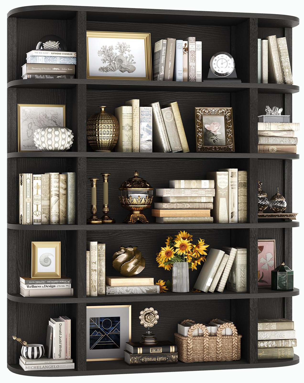 TVU 5-Tier Wood Book Shelf, 47" Wide Large Bookshelf and Bookcase, 62" Tall Bookshelf with Curved Side Shelves, Freestanding Wood Display Book Shelves for Living Room, Home Office, Black