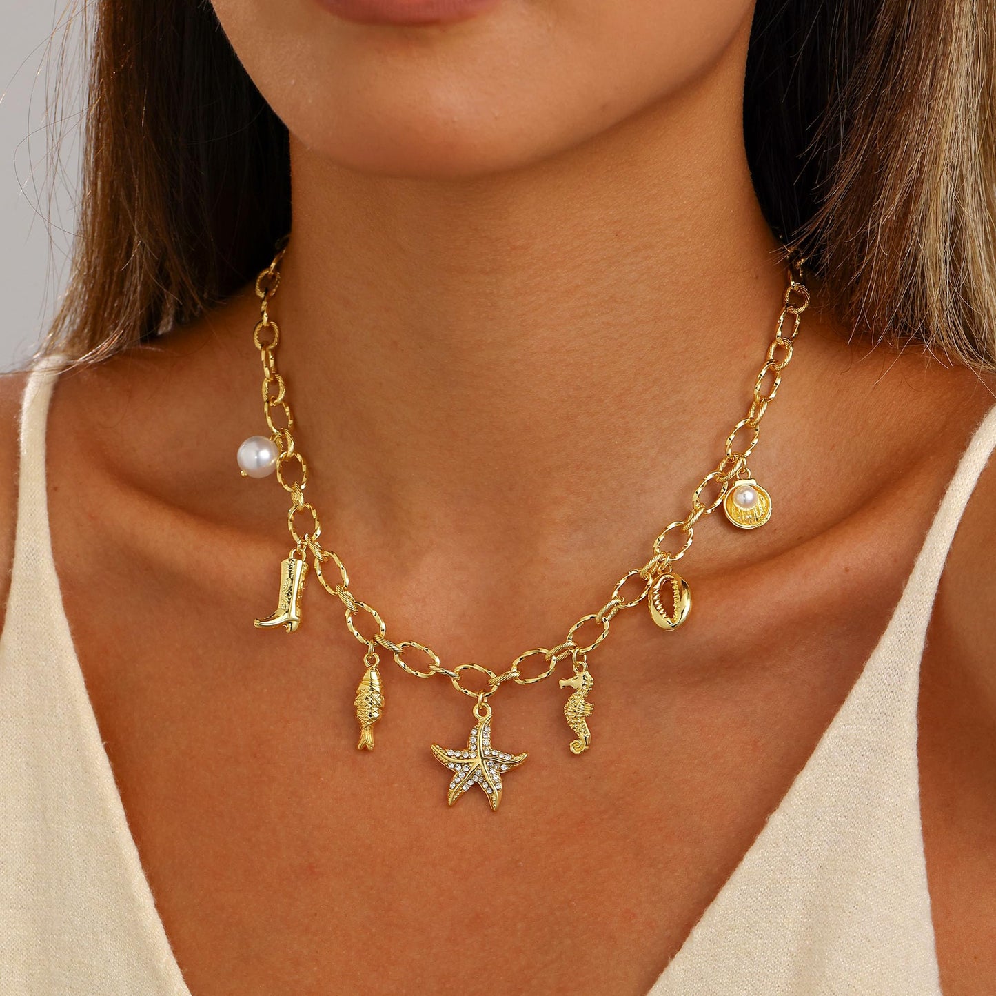 Chunky Charm Cross Pearl Necklace For Women Seashell Shell Starfish Beach Bow 14K Gold Plated Pendant Summer Jewelry (02 Starfish)
