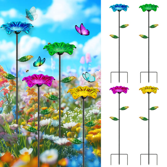 HUFAND 4 Pack Bee Watering Station, 5.5*27.5inch Metal Bee Bath for Garden with Triangular Ground Stake & Leaf-Shaped Cup, Colorful Flower Bee Feeder for Outdoor Decor (Rose Red, Green, Yellow, Blue)