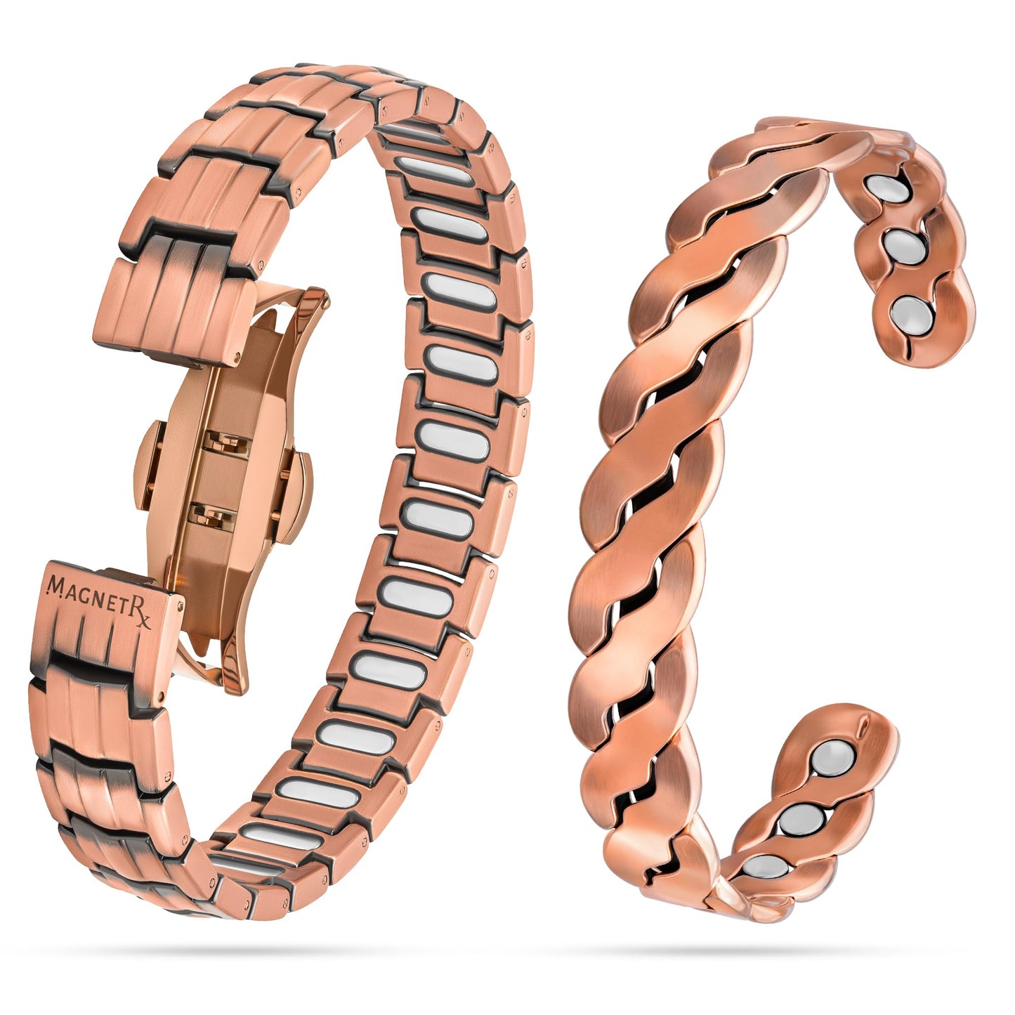 MagnetRX® Copper Magnetic Bracelets Set — EllipseMAX 5X Strength Bracelet (5,000 Gauss) for Men & Adjustable Twisted Cuff (3,500 Gauss) for Men & Women — Pure Copper Magnetic Jewelry Set