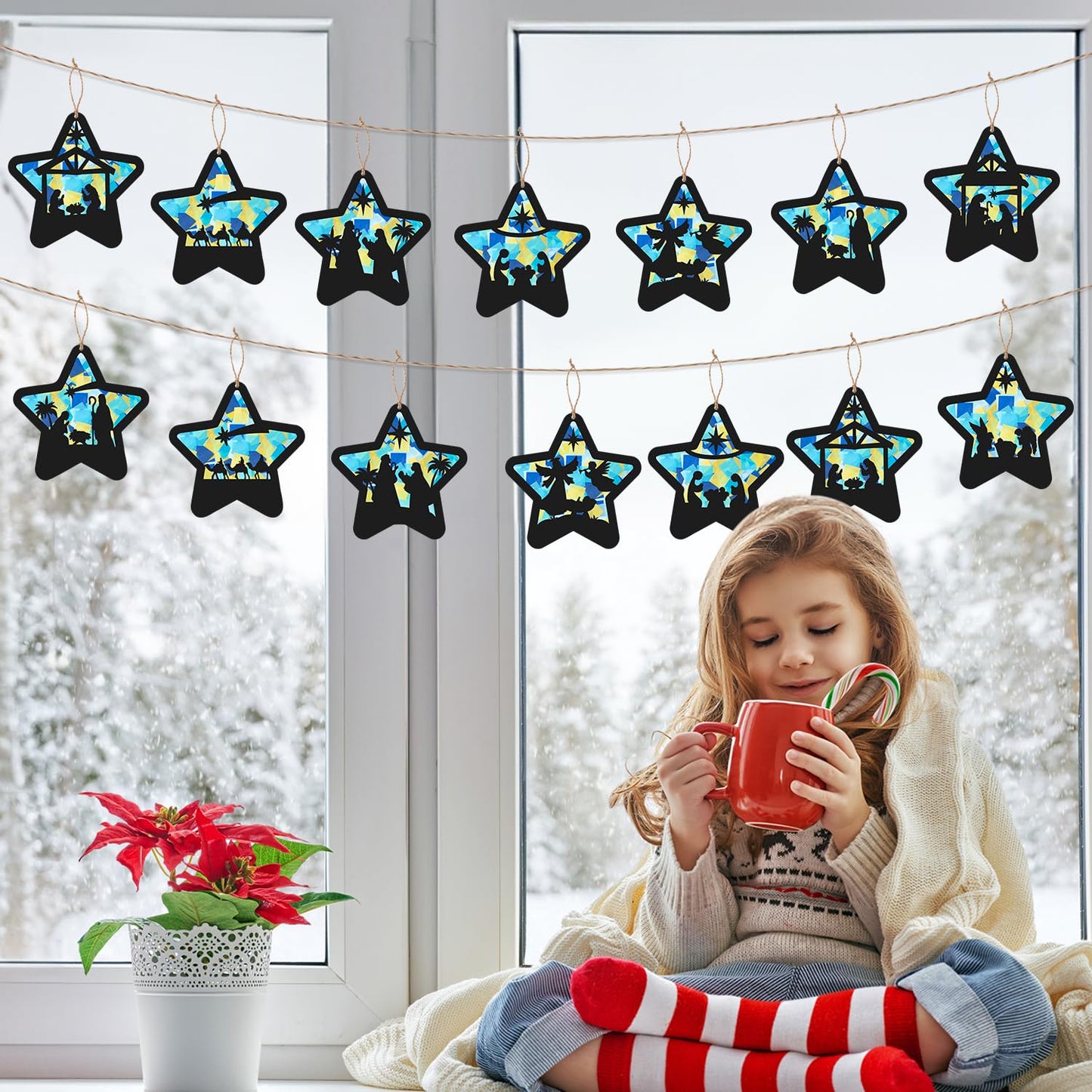 CJiangpo 24 Sets Christmas Nativity Suncatcher Paper Craft Kits, DIY Stained Glass Effect Window Ornament Rainbow Tissue Paper Art Craft for Kid Classroom Activities Christian Religious Party Decor