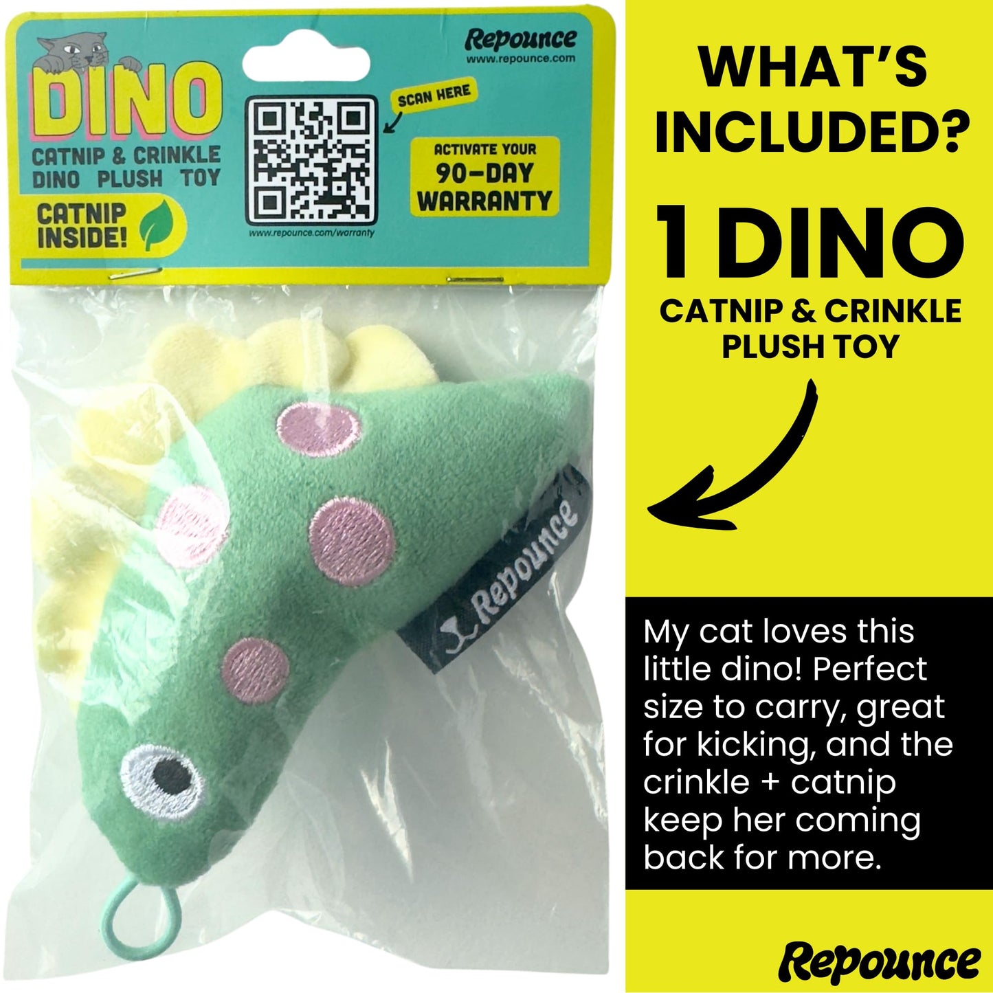 repounce Plush Dinosaur Catnip Cat Toy, Soft and Durable Crinkle Sound with Catnip Inside, Kicker Cat Toy, Cat Toys for Indoor Cats & Kittens, Lure and Attachment Toy with Loop for Cat Wand