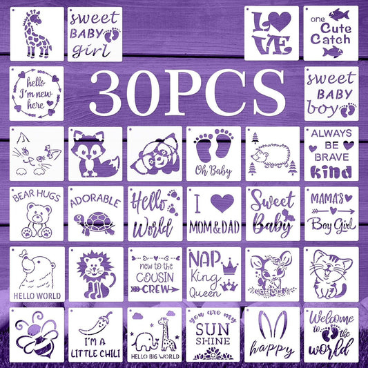 30 Pieces Baby Shower Stencils, 5 Inch Cute Onesie Stencil Reusable Mixed Phrase for Painting, Small Animals Template for Bodysuit Shirts Shoes Bibs Clothes
