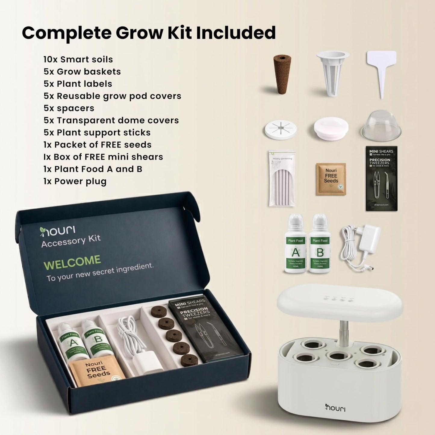 Nouri Hydroponics Growing System, 5 pod APP Smart Indoor Herb Garden Kit with LED Grow Lights, Hydroponic Herb Garden Indoor for Plant Lovers, Gardeners, Kitchen, Basil Seeds Included