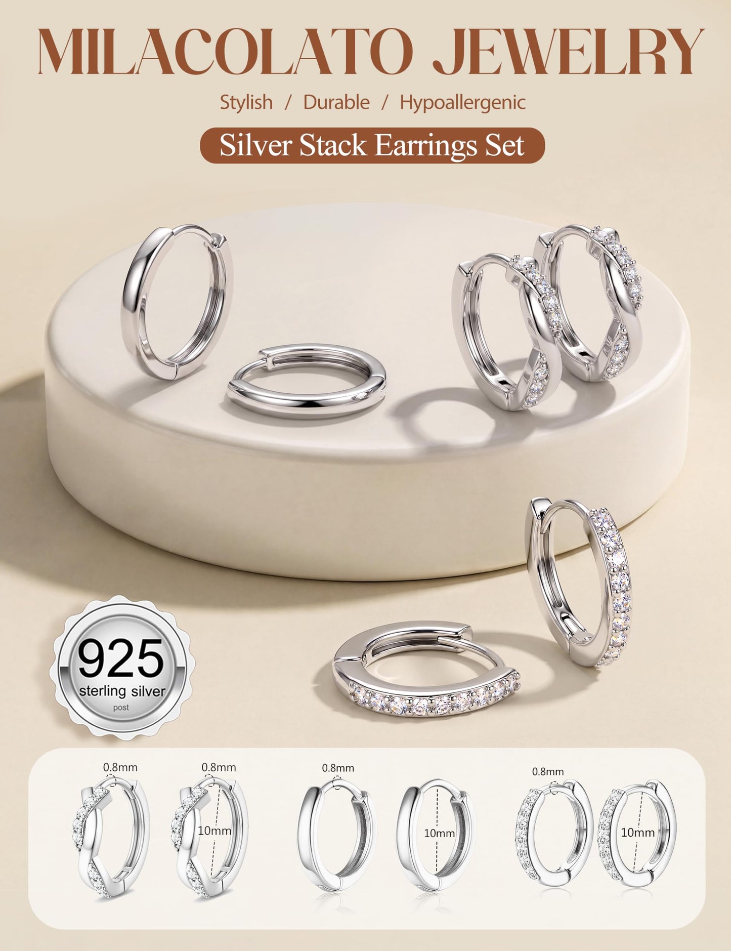 MILACOLATO 3Pairs 925 Sterling Silver Earrings for Women, Sterling Silver Filled Small Huggie Hoop Earrings Sets for Multiple Piercing Hypoallergenic, CZ Cartilage Earrings Stacks Trendy Earrings, L
