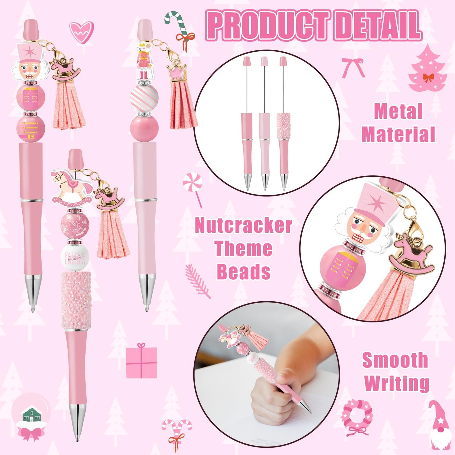 COcnny Christmas Nutcracker Beadable Pens - 12 Set Pink DIY Ballpoint Pen Making Kit with Bead Craft for Kids, Winter Beaded Pen Bulk Charm Tassel Supplies for Xmas Party Women School Students Gift