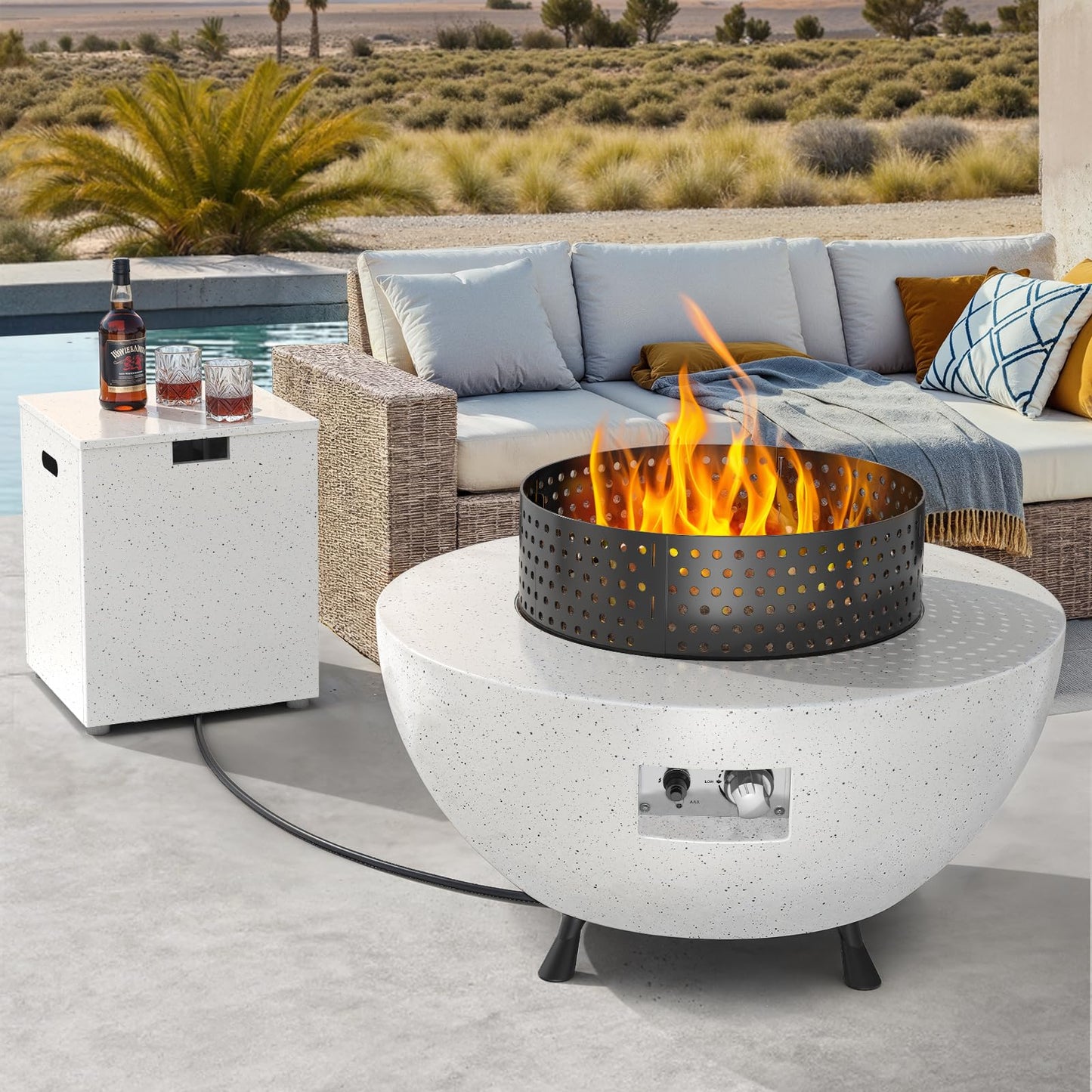 Silonn 29″ Propane Fire Pit Table with Windproof Guard, 50000 BTU Fire Pit Table, CSA-Certified, Outdoor fire Table with Durable Terrazzo Coating/Lava Rocks/4 Stable Adjustable Legs, Garden, White
