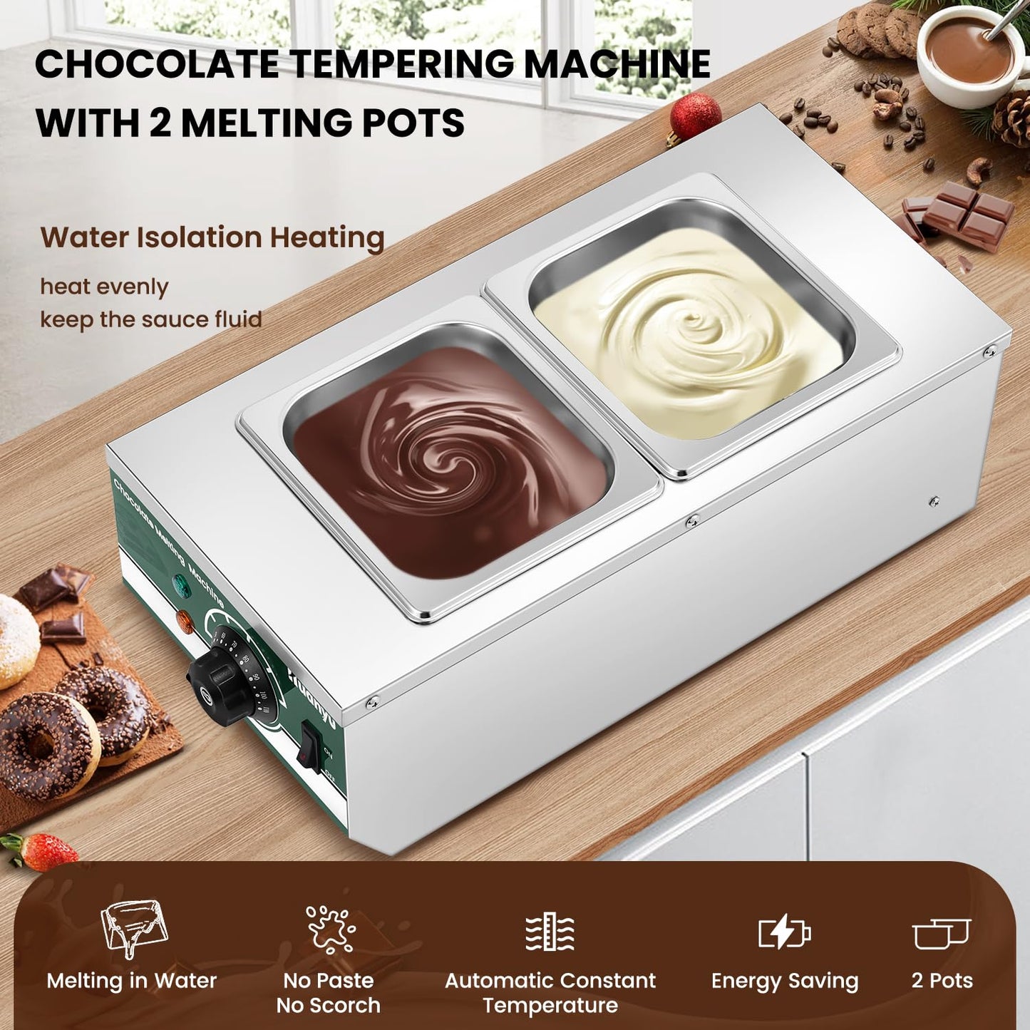 Huanyu Chocolate Tempering Machine 86~230℉ Commercial Electric Melting 2-Pot 6.6LBs Stainless Steel Food Warmer Professional Heated Chocolate Melter with Lid for Catering Restaurant Canteen Home Party