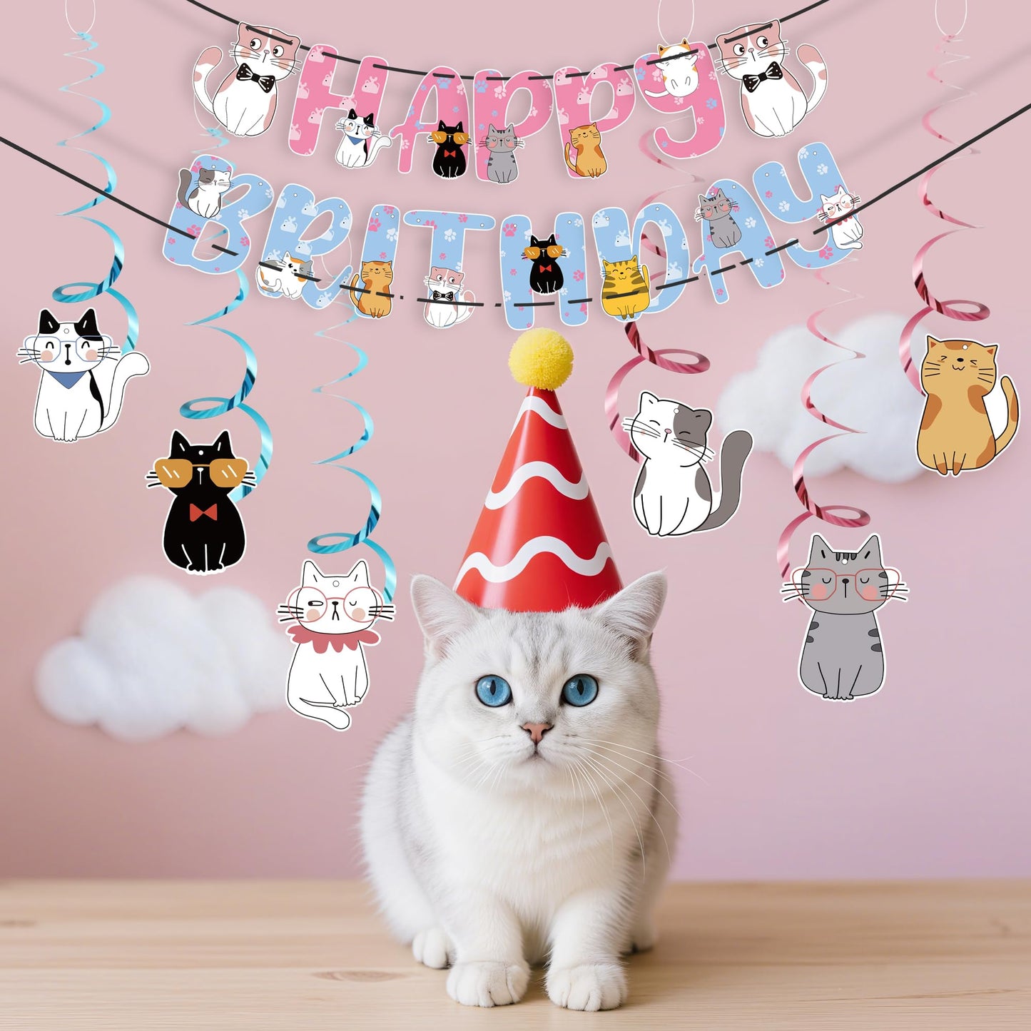Cat Theme Birthday Party Supplies,15 PCS Happy Birthday Banner-NO DIY,6 Hanging Cutouts,6 Hanging Swirl Decor,1 Cake Topper,12 Cupcake Toppers,3 Birthday Honeycomb Party Decoration