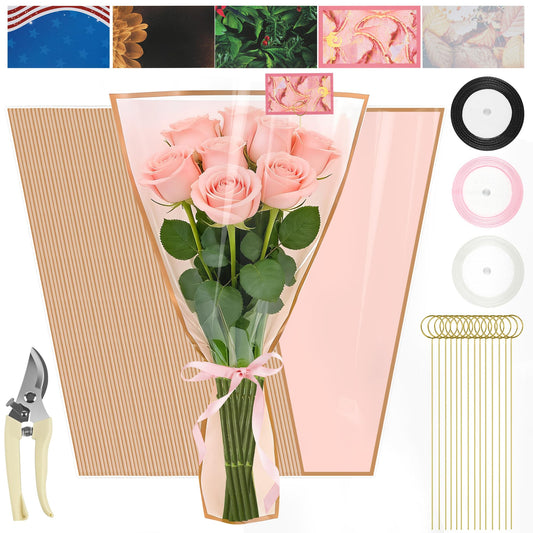 50 Sheets 18" x 11" Pink Flower Bouquet Wrapping Bags Plastic Paper Sleeves, Total 154Pcs RibbonsX3 Pruning ShearsX1 Card HolderX50 CardsX50 Floral Bouquets Bag for Flowers Bar Graduation Wedding