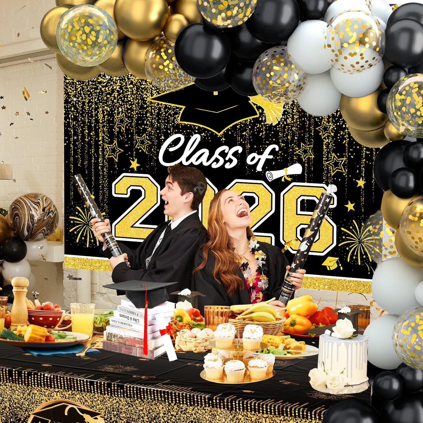 Graduation Decorations 2026, Black and Gold Balloon Garland Arch, Black and Gold Graduation Decorations with Congrats Grad Tablecloth and Class of 2026 Backdrop for High School College Grad Party