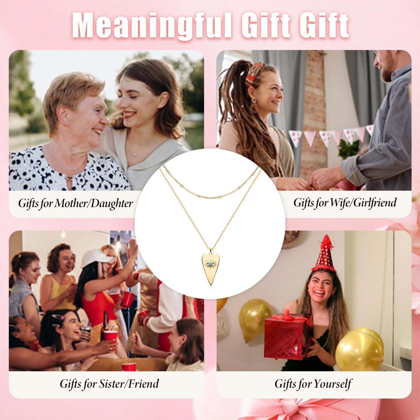 MEVECCO Layered Heart Evil Eye Necklace Handmade 18k Gold Plated Dainty Turquoise Layering Necklace for Women