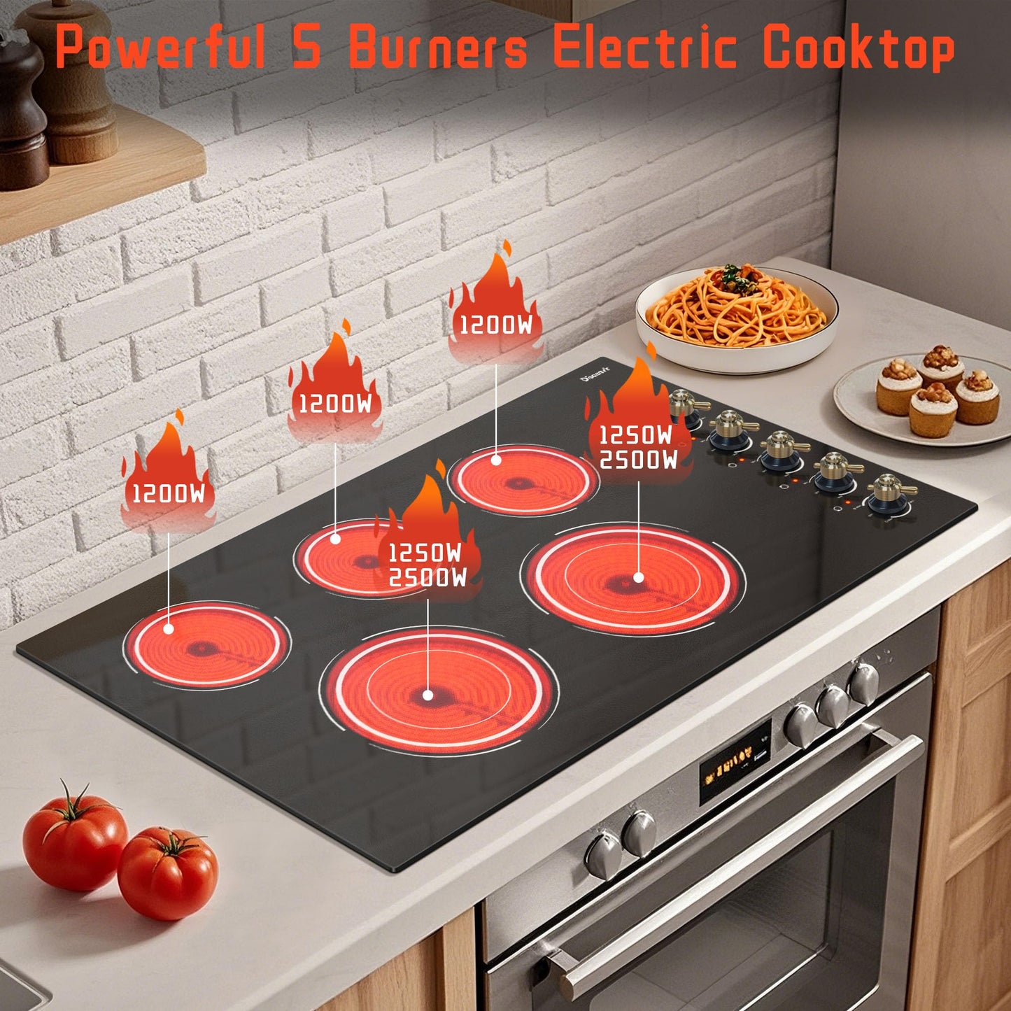Disaenvir Electric Cooktop 36 Inch - 5 Burner Electric Stove Top with 8400W, 36 Inches Built-in(34.25"x19.3") Ceramic Stove with Dual Rings, Overheat Indicator, Knob Control, 220V - 240V Hard Wired