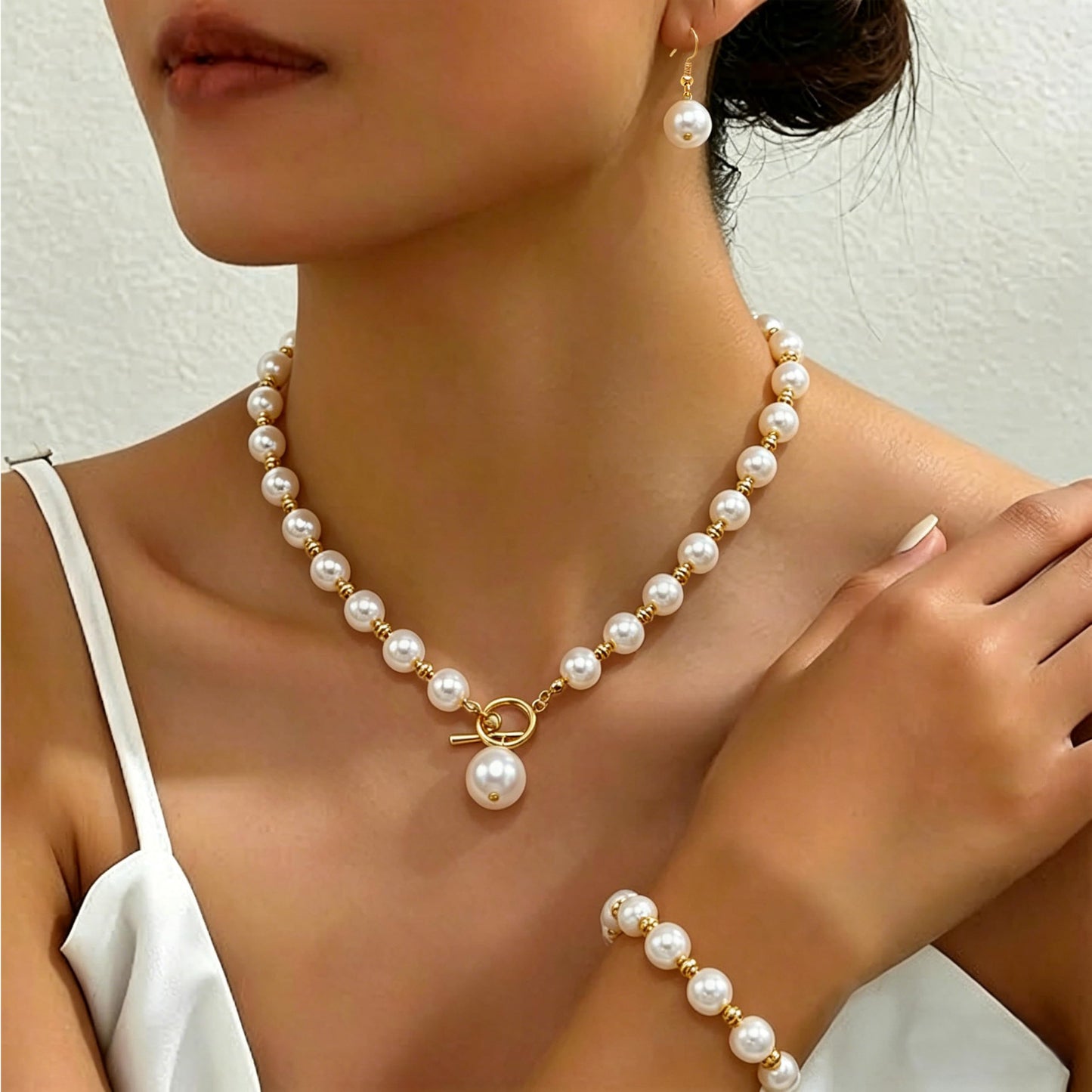 Cryshimmer Pearl Choker Necklace for Women Faux Pearl Bead Necklace Earring Bracelets Set Costume Jewelry (Cream White/Gold Plated)