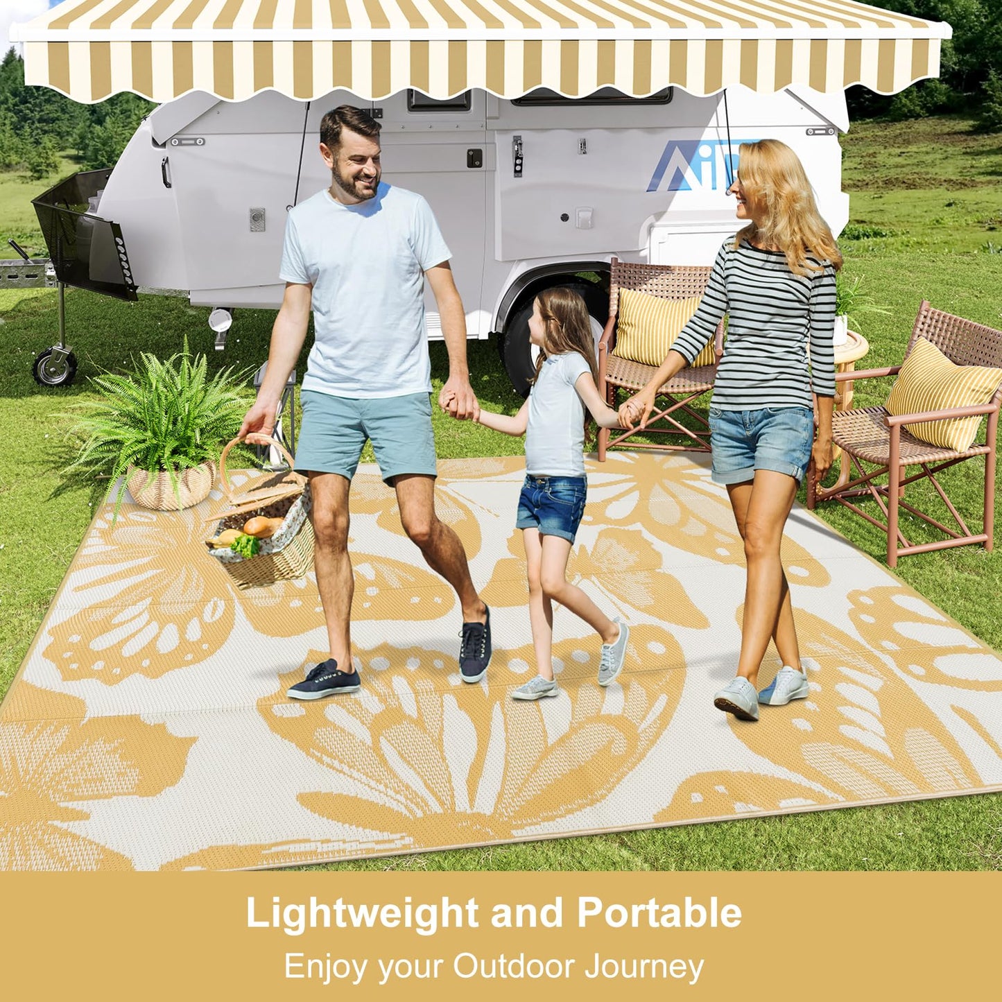 Uphome Outdoor Rug Waterproof 6x9 ft, Patio Plastic Straw Rugs for RV Camping, Reversible Butterfly Mat Outside, Indoor Outdoor Floor Carpet for Back Yard Deck Balcony Porch Beach Picnic, Yellow