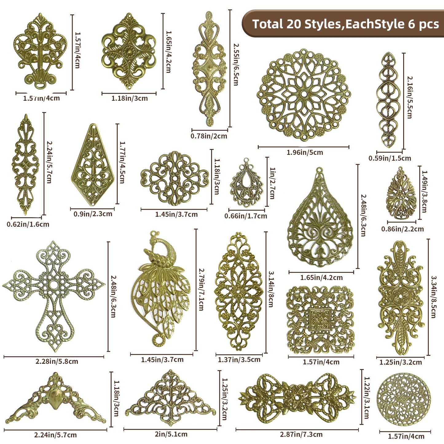 120pcs Filigree Metal Embellishments Metal Charms 20 Styles Antique Bronze Charms for Jewelry Making, Steampunk Art, Hairpins, Headwear, and DIY Crafts (6pcs each)