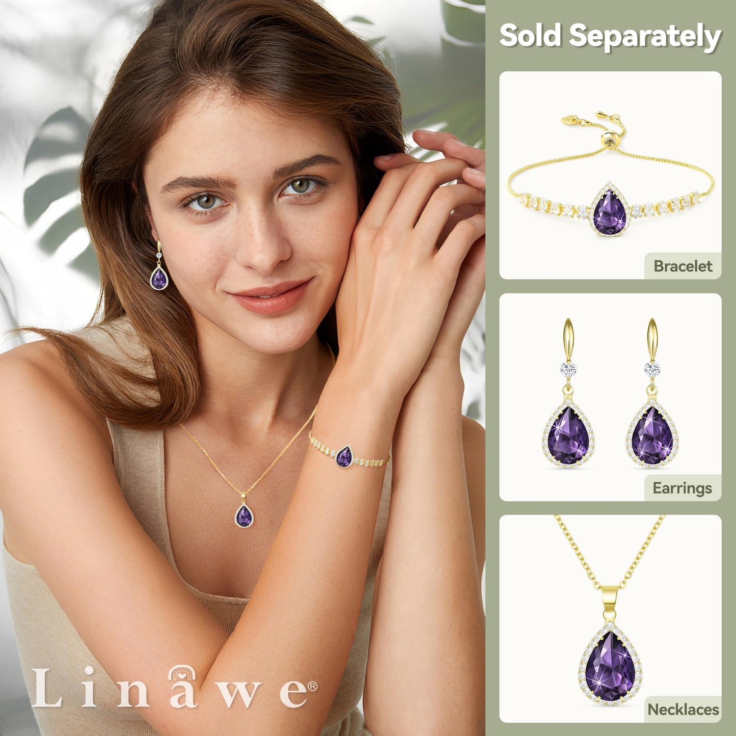 Linawe Amethyst Crystal Chain Necklace for Women Trendy, Purple Imitation Diamond Cubic Zirconia Rhinestone Birthstone Pendant Necklace, Moonstone Moissanite Boho Jewelry Set