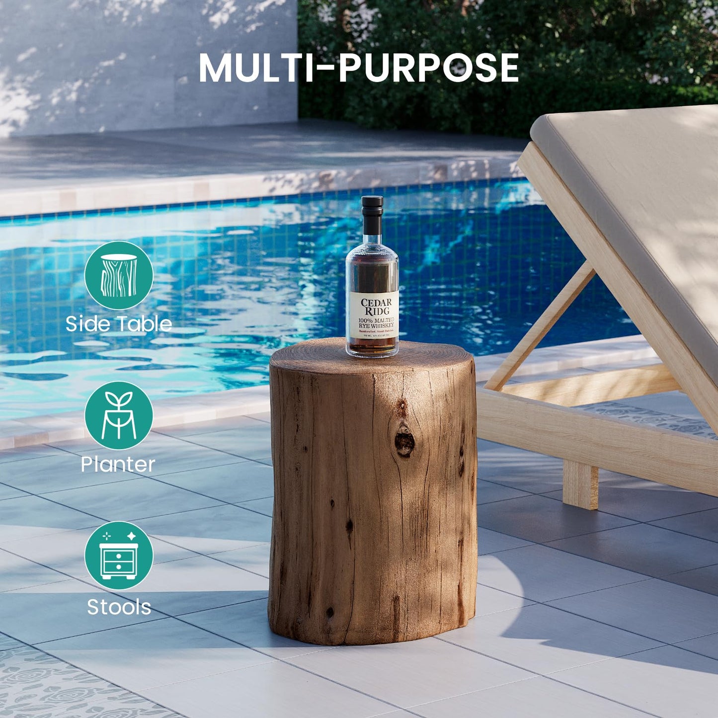 SUNBURY Outdoor Stump Side Table, Faux Wooden Concrete Side Table, Tree Stump Wooden Stool, Patio End Table, Round Outdoor Accent Drum Table, Light Brown Ottoman or Plant Stand