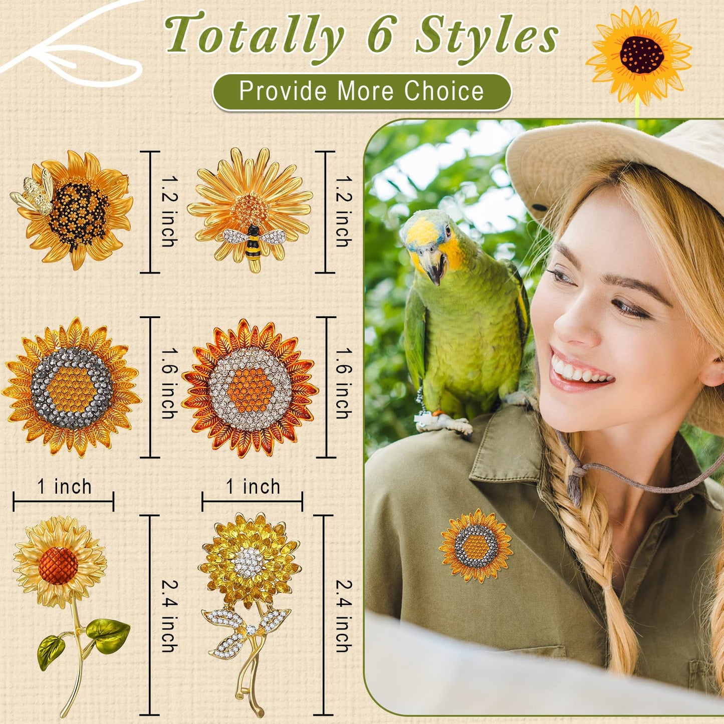 Junkin 6 Pcs Sunflower Brooch for Women Summer Sunflower Bee Rhinestone Crystal Pin Dress Jewelry Accessories Gift for Women(Sunflower)
