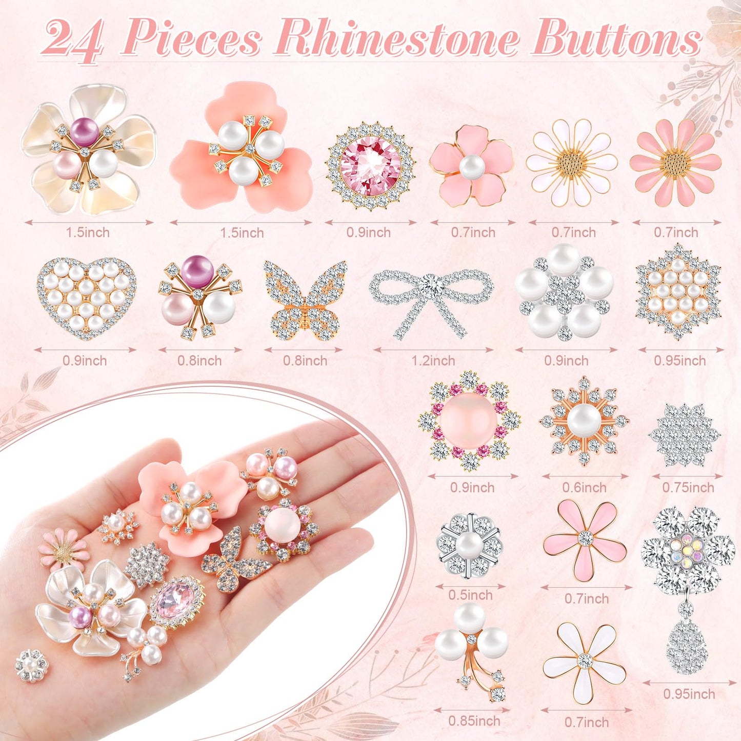 Giegxin 24 Pcs Rhinestone Buttons for Crafts Clothes Faux Pearl Embellishments Pink Butterfly Rhinestone Flower Buttons Vintage Women Pearl Brooch for Jewelry Making, DIY, Bags Shoes Supplies
