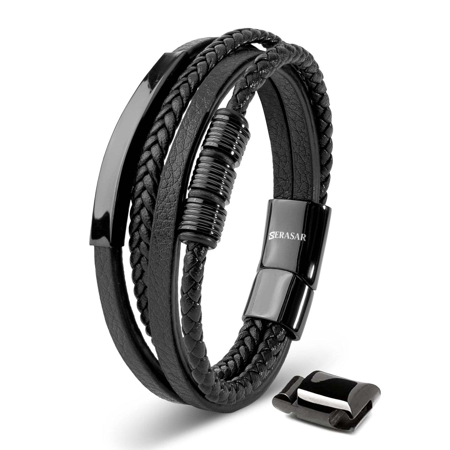 SERASAR Pulsera de cuero negro para hombre 23cm negra Hombres Caja regalo genuino Trenzado Multicapa Abrigo Pulseras masculinas Joyas magnéticas