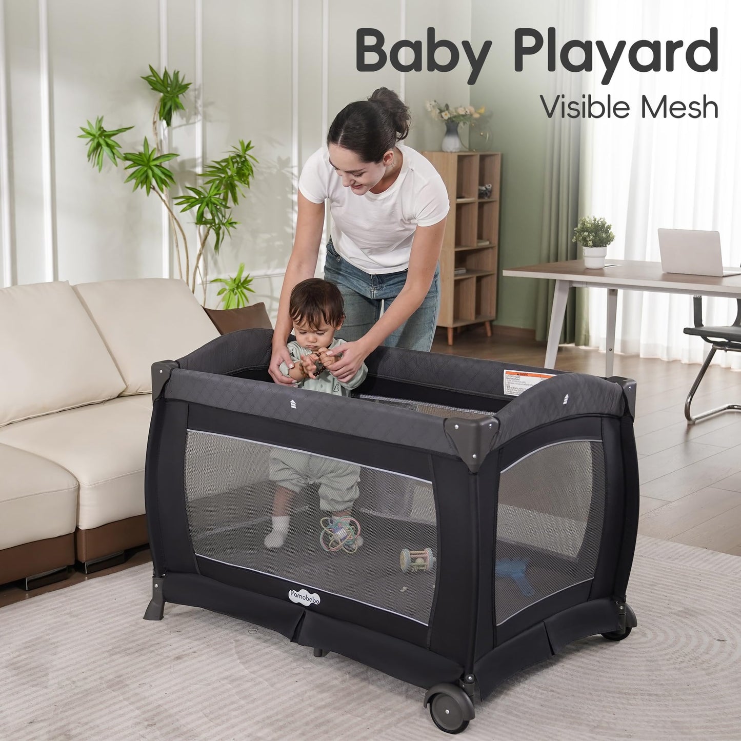 Pamo Babe Pack and Play 4 in 1 Playard Portable Playard Foldable Playpen for Baby and Toddler Portable Crib Mattress Diaper Changer for Newborn (Grey)