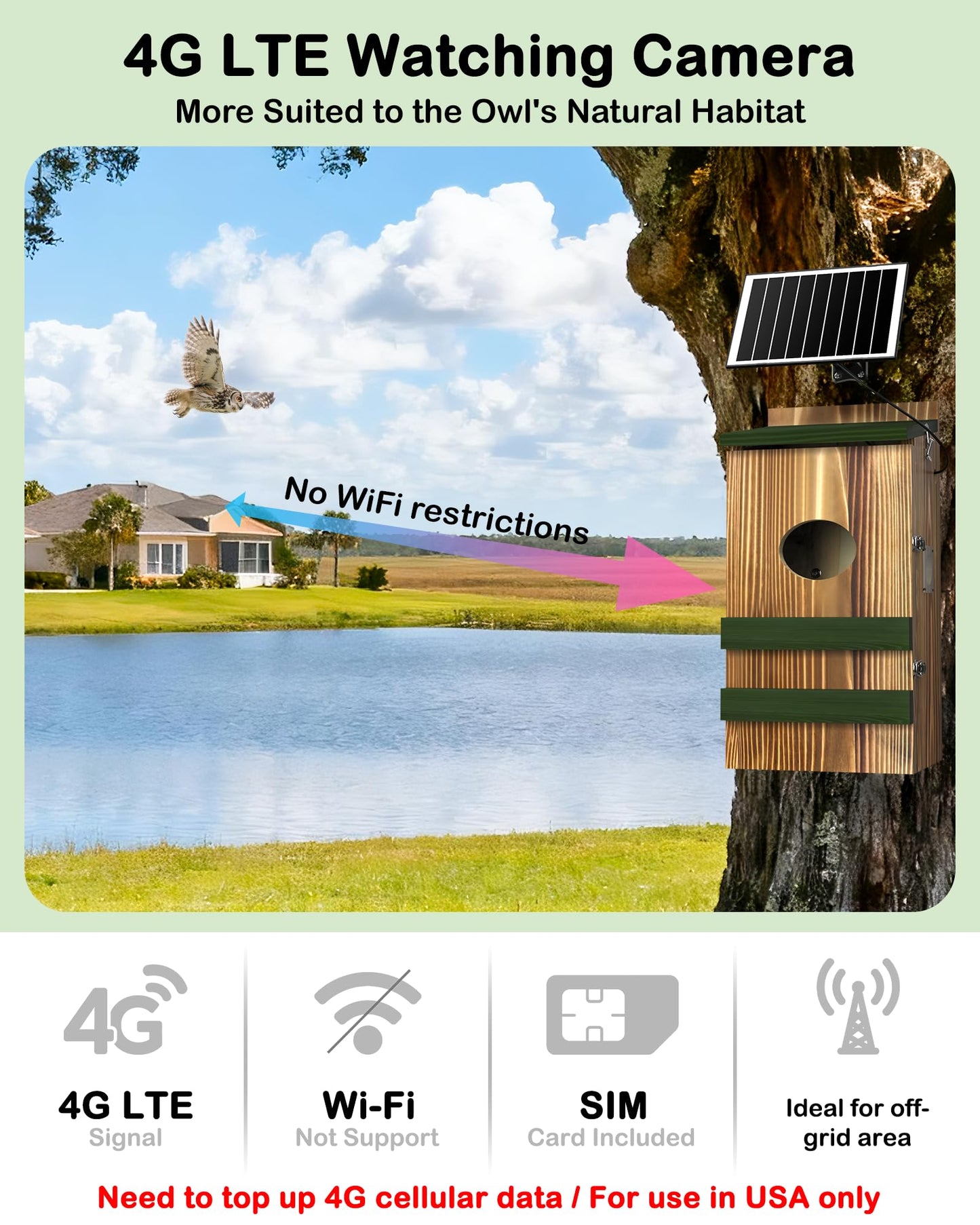 Owl House with Camera Solar Powered,4G Cellular, Anti-Corrosion Varnish Pinewood,Owls Nesting Box for Screech owl, 2K HD, Instant Alerts, Night Vision, APP Control,Nest Box for Outside（NOT WiFi）