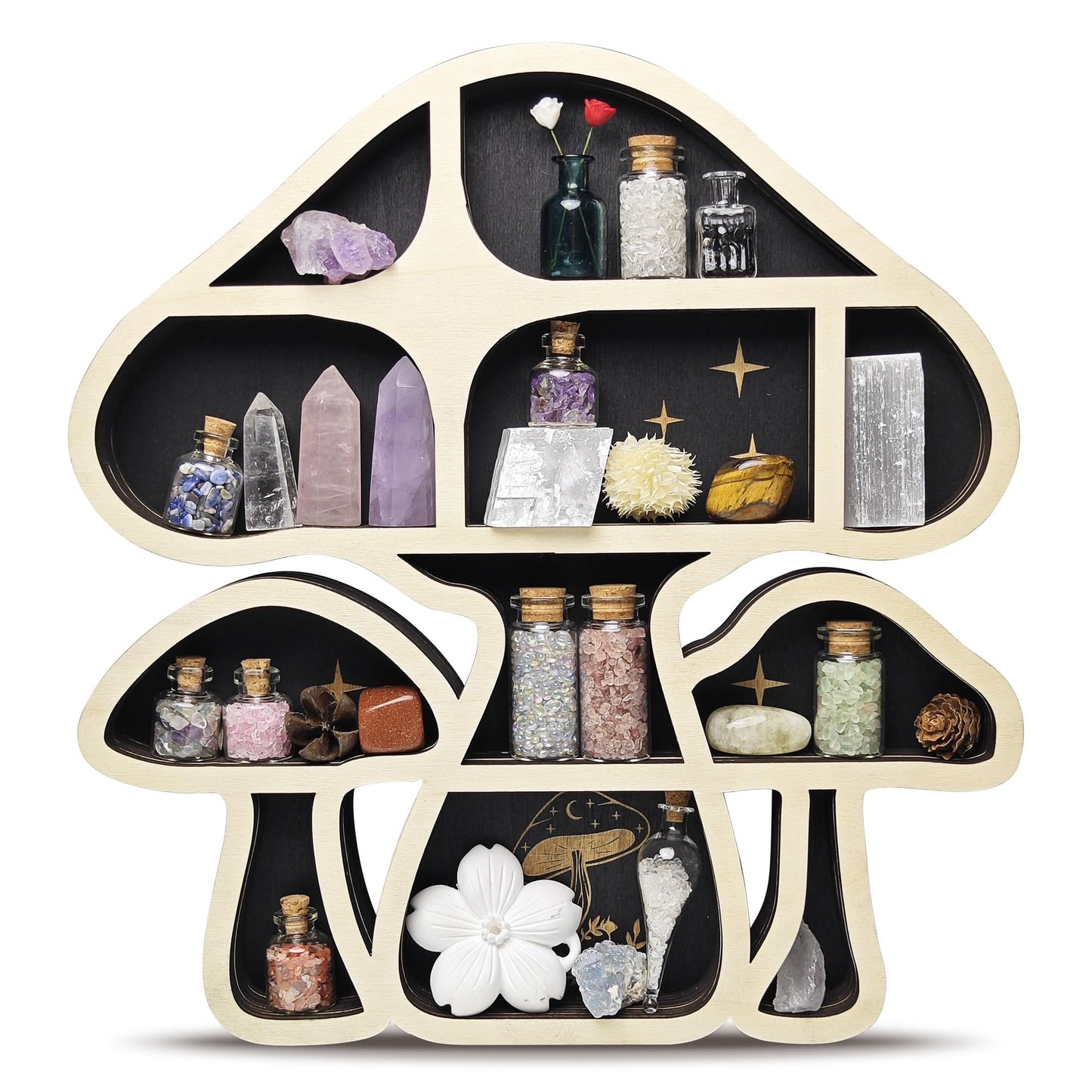 FNYDOX Wooden Mushroom Floating Shelves, Crystal Display Shelf for Wall, Cute Mushroom Wall Decor, Rock Gem Stone Storage Organizer, Essential Oil Holder Hanging Case, Meditation Art Spiritual Gift