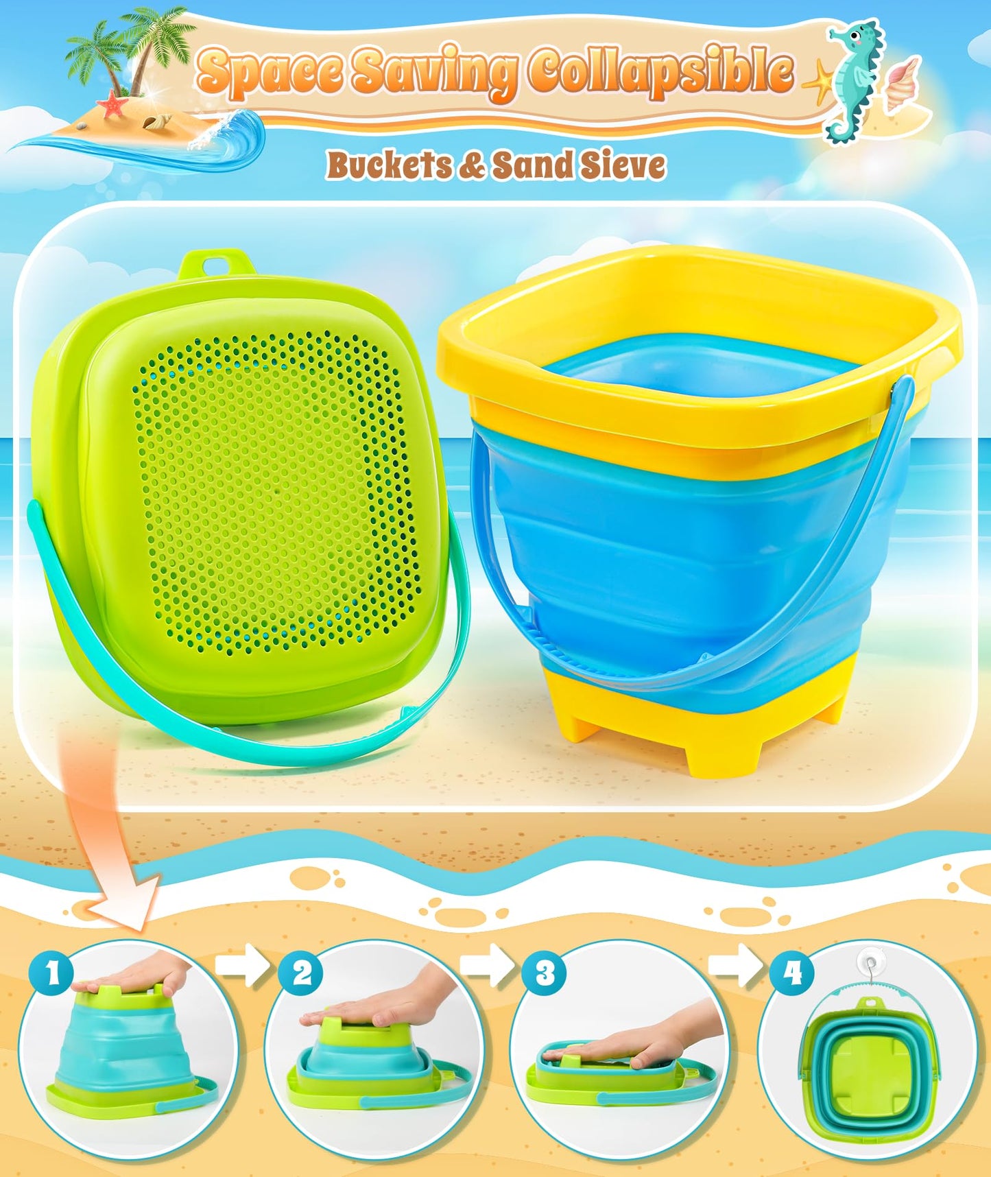 DUDUCOFU Collapsible Beach Sand Toys for Kids Toddlers, Collapsible Sand Bucket with Sifter Shovels Set with Mesh Bag and Sand Molds, Travel Beach Sandbox Toys for Boys Girls 3 4 5 6 7 8 9 10
